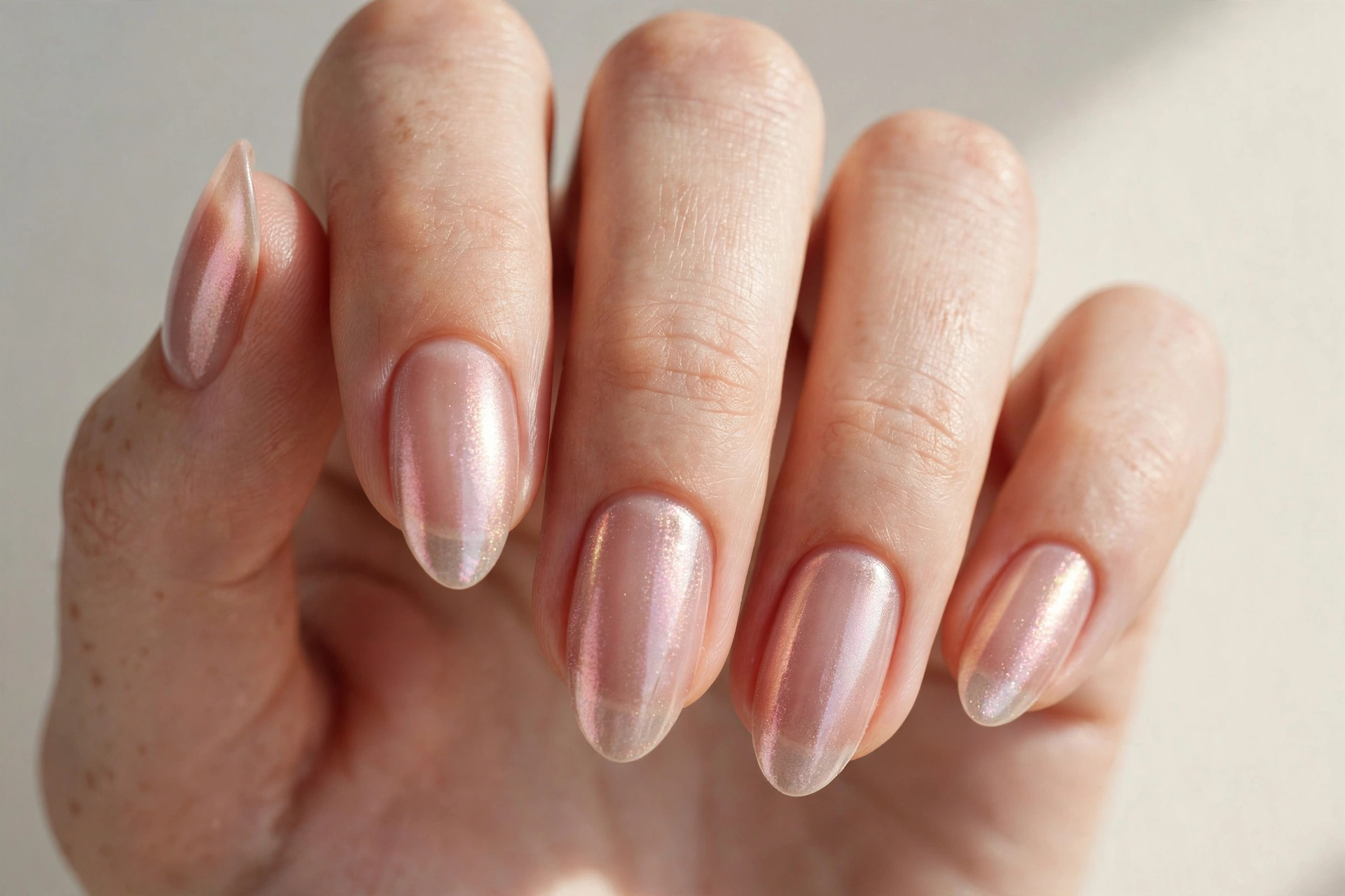 Close-up of almond shaped nails with sheer rose manicure and pearl chrome shimmer