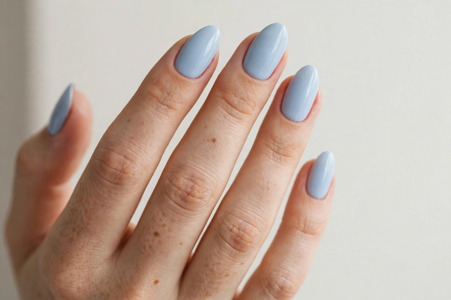 Close-up of almond shaped nails with soft baby blue manicure