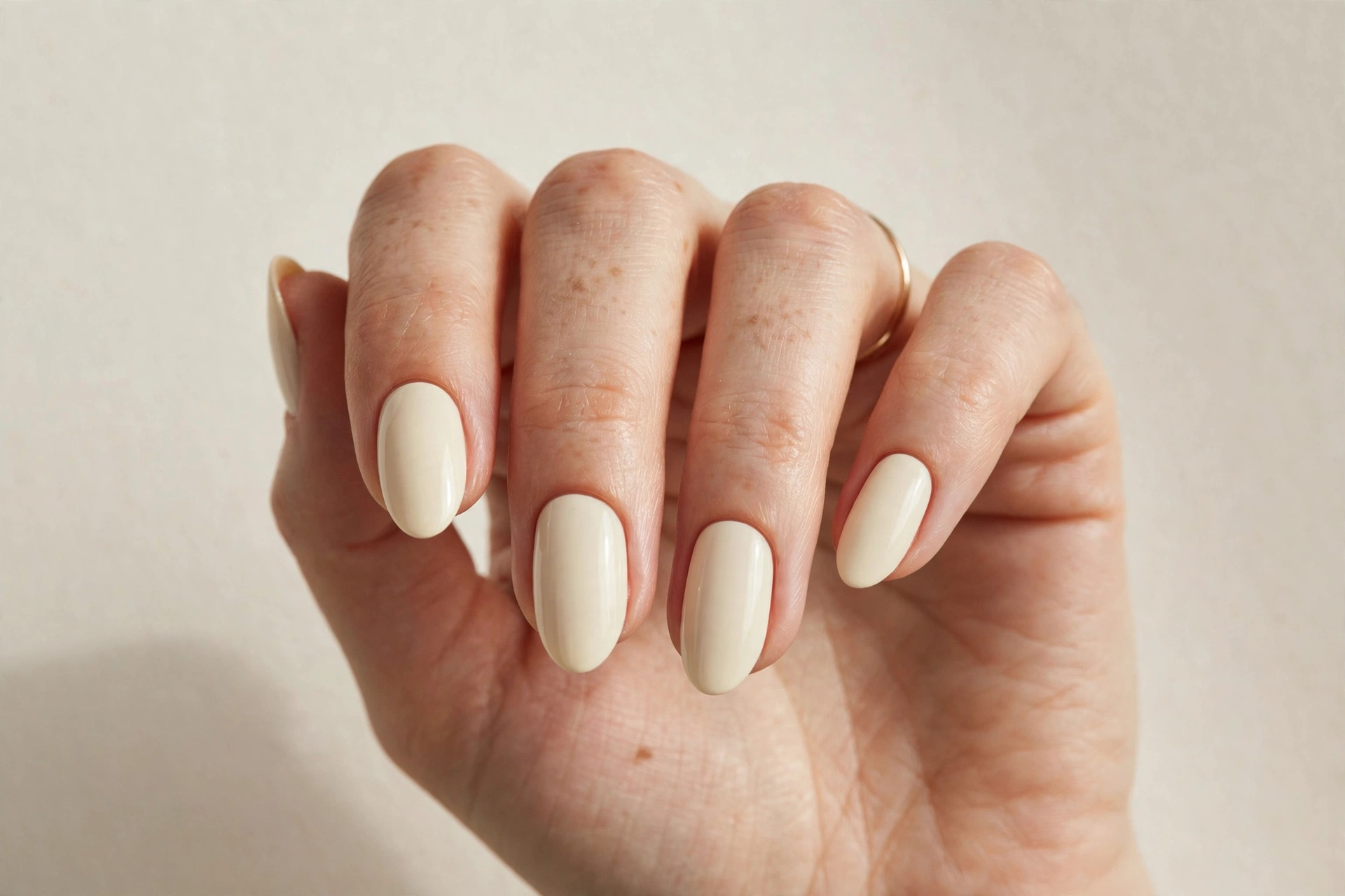Close-up of almond shaped nails with warm cream manicure