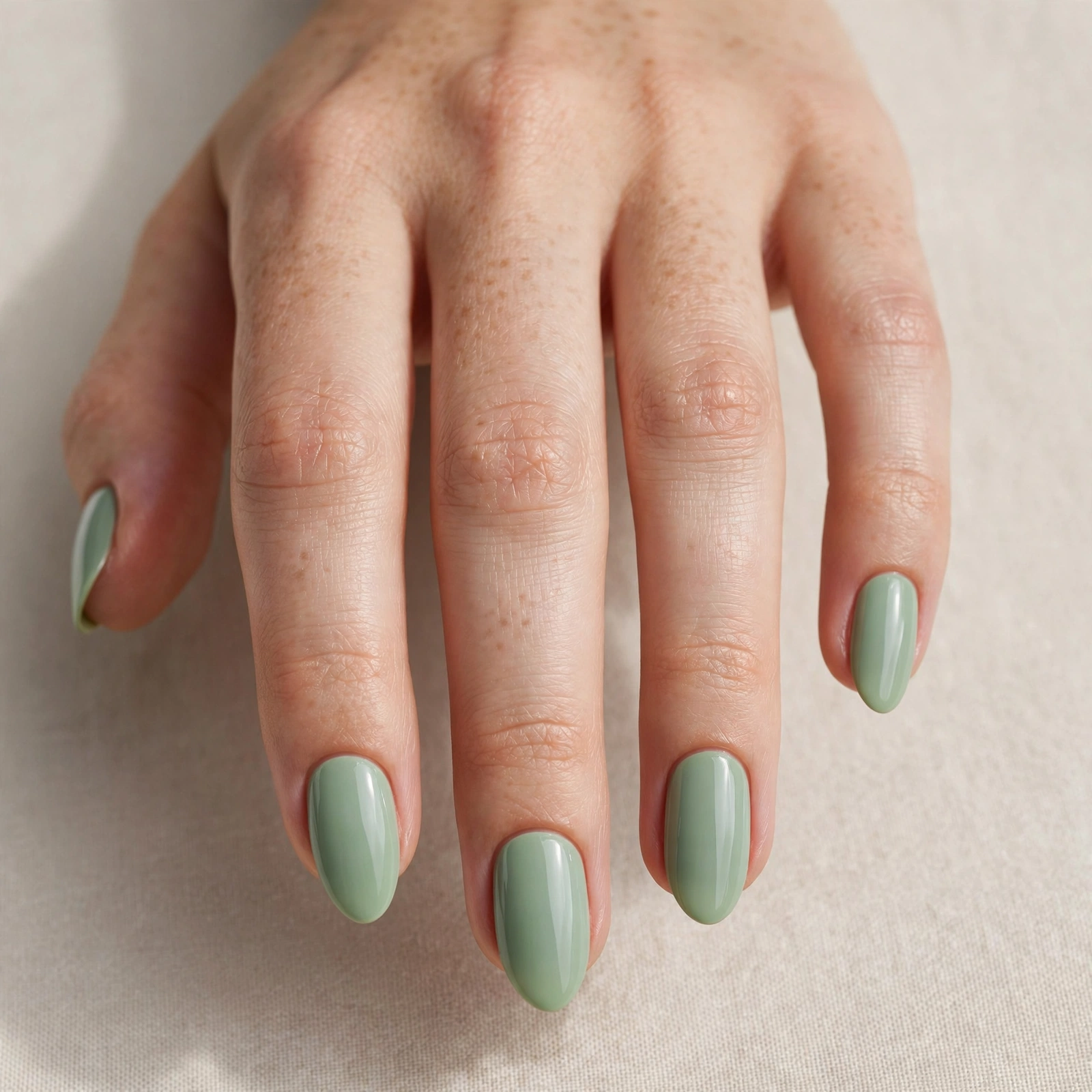 Close-up of almond shaped nails with soft sage mint green manicure