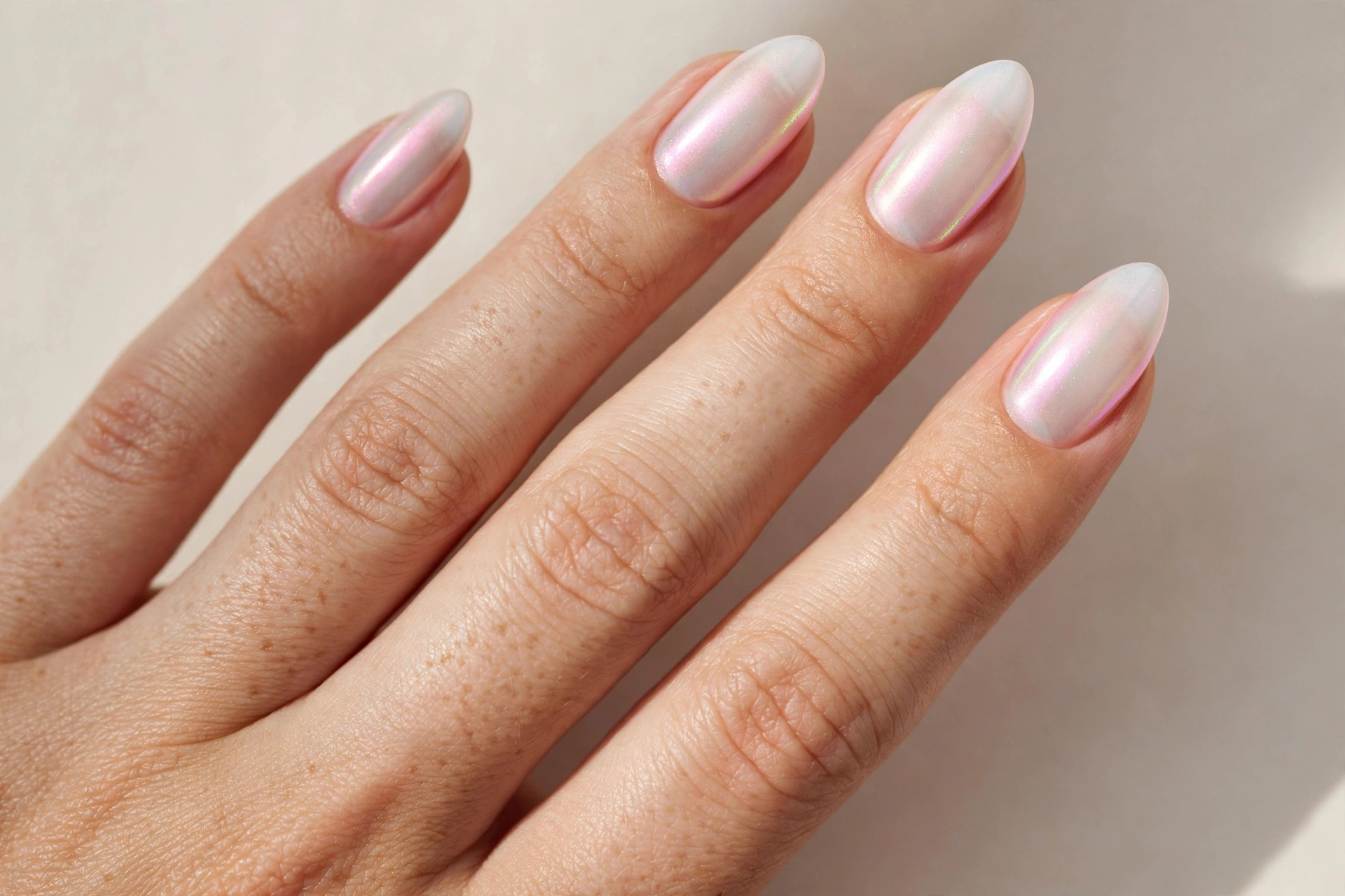 Close-up of almond shaped nails with barely-there iridescent aura manicure