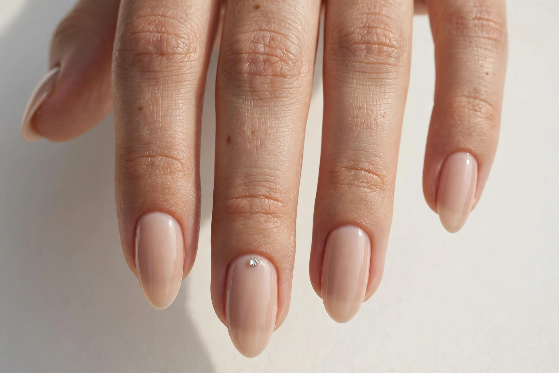 Close-up of almond shaped nails with nude manicure and tiny rhinestone cuticle accent
