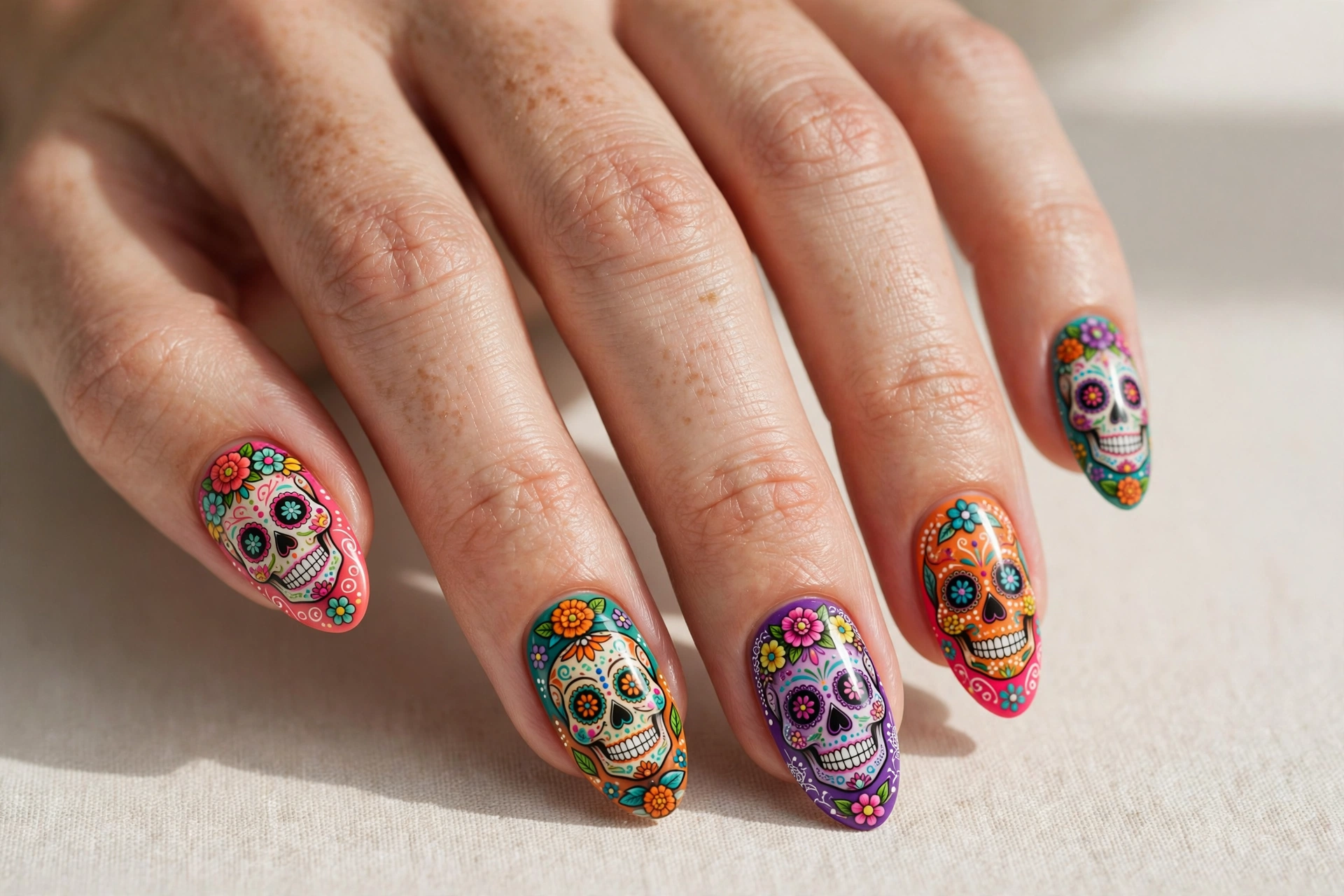 Colorful sugar skull nail art with bright floral details on almond nails