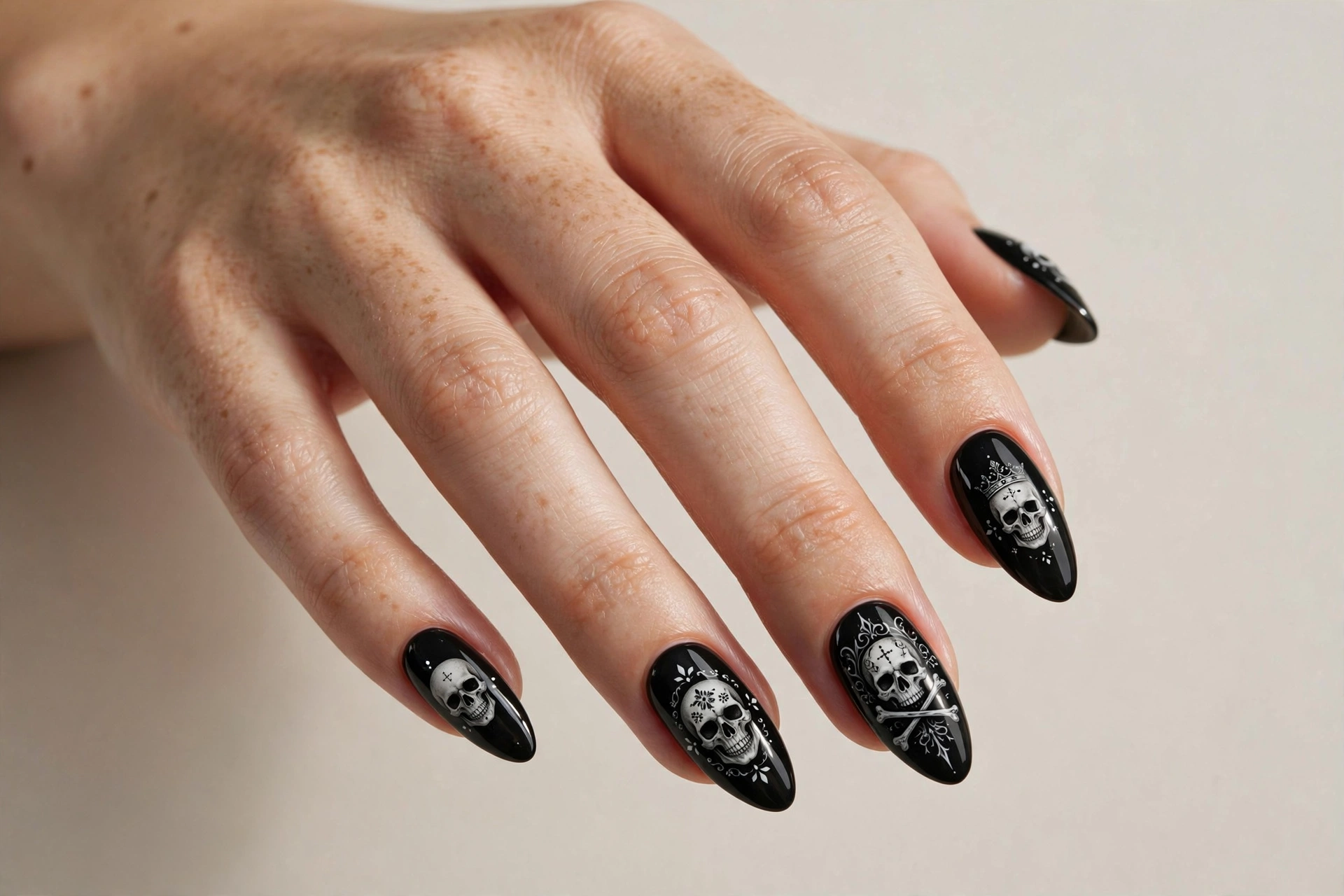 Gothic black skull nail art on dark glossy nails