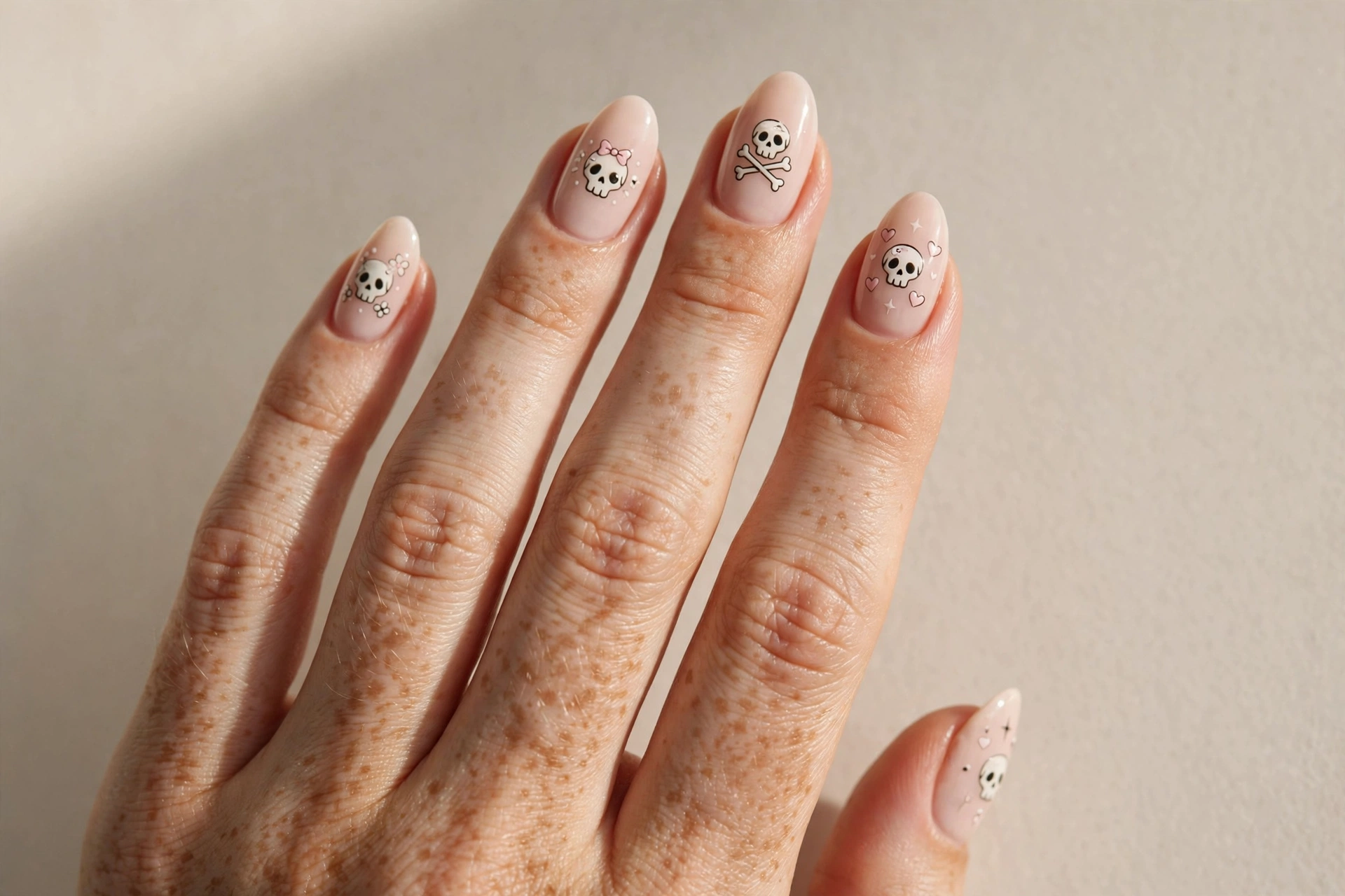 Cute mini skull nail art in pastel colors on short nails