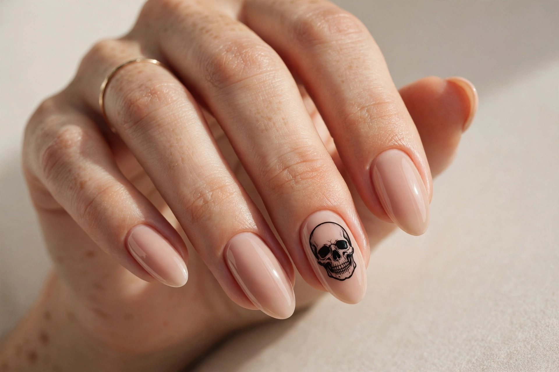 Black skull nail art on sheer nude base