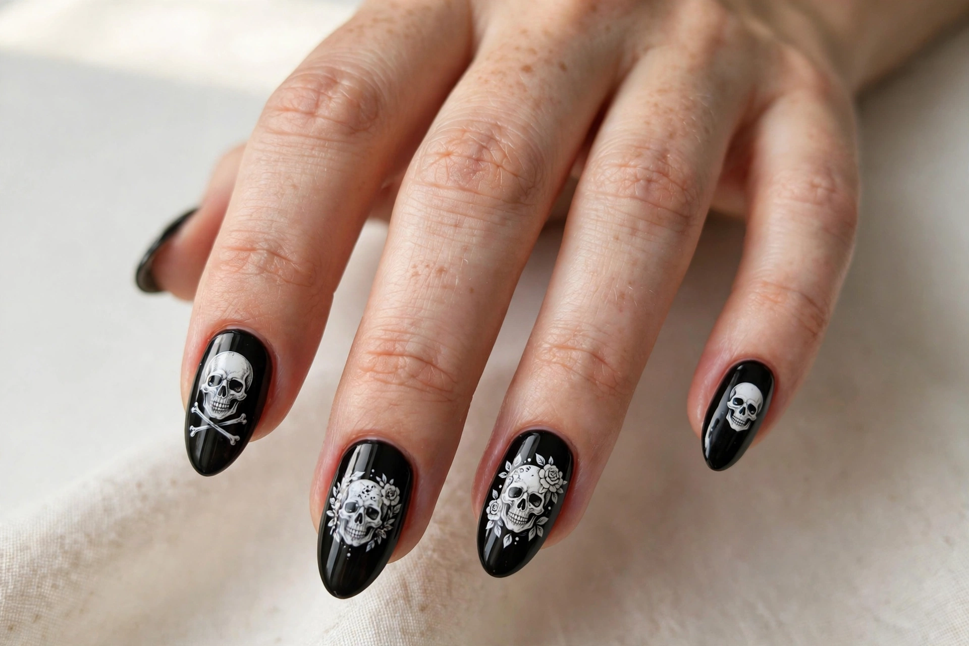 White skull nail art on jet black glossy nails