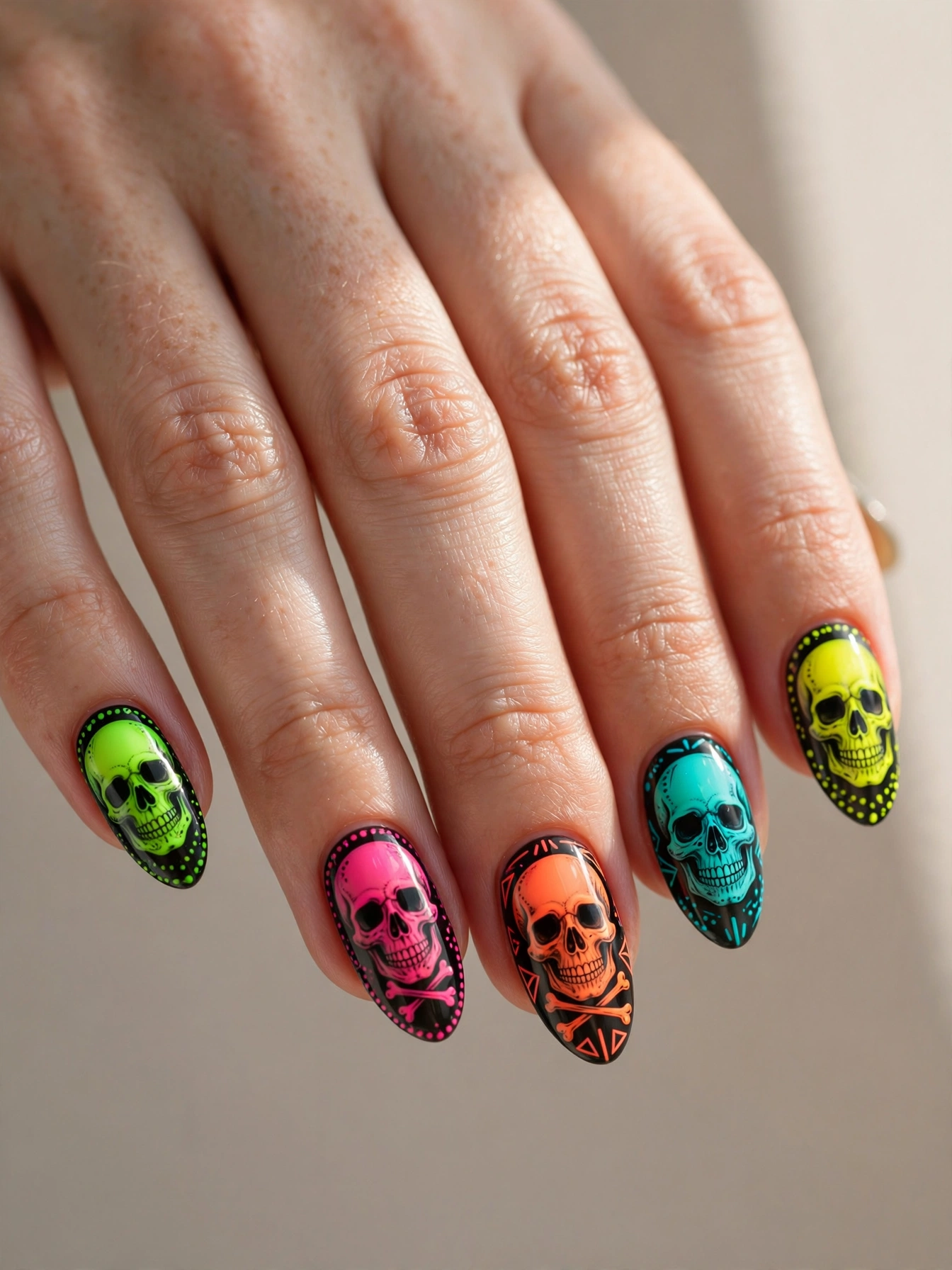 Neon skull nail art in bright glowing colors