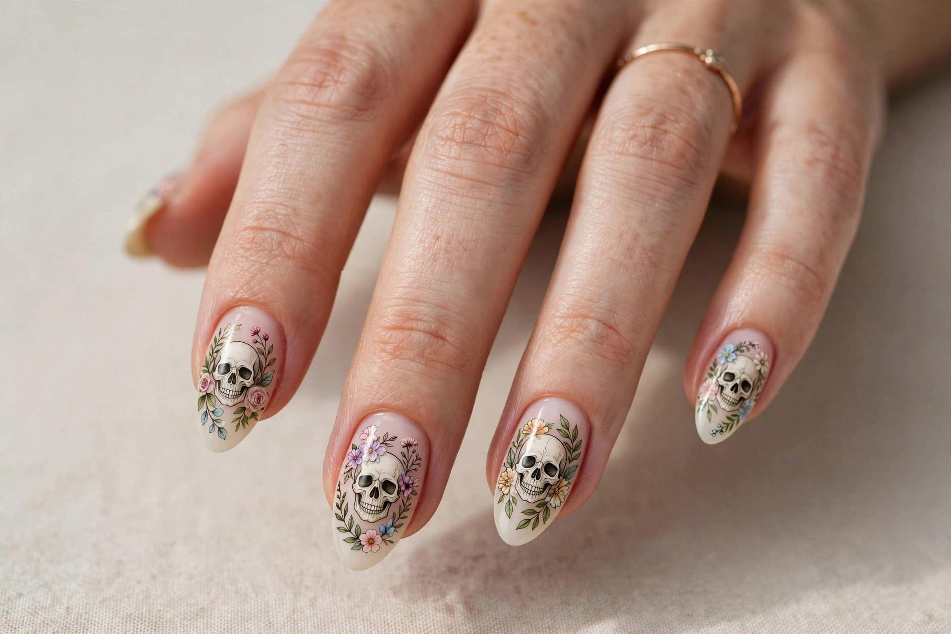 Floral skull nail art with delicate flowers and leaves