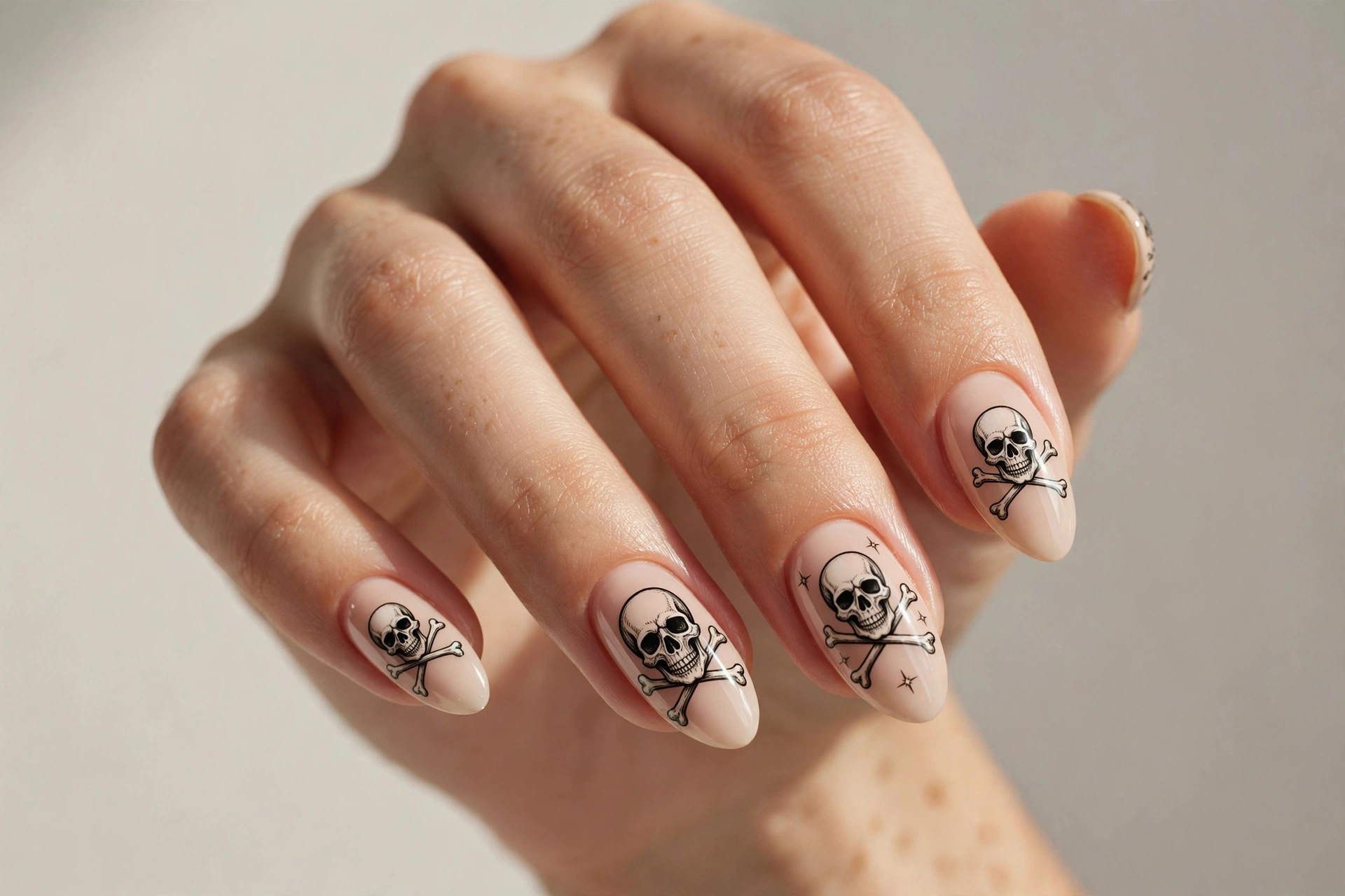Pirate skull and crossbones nail art on black nails