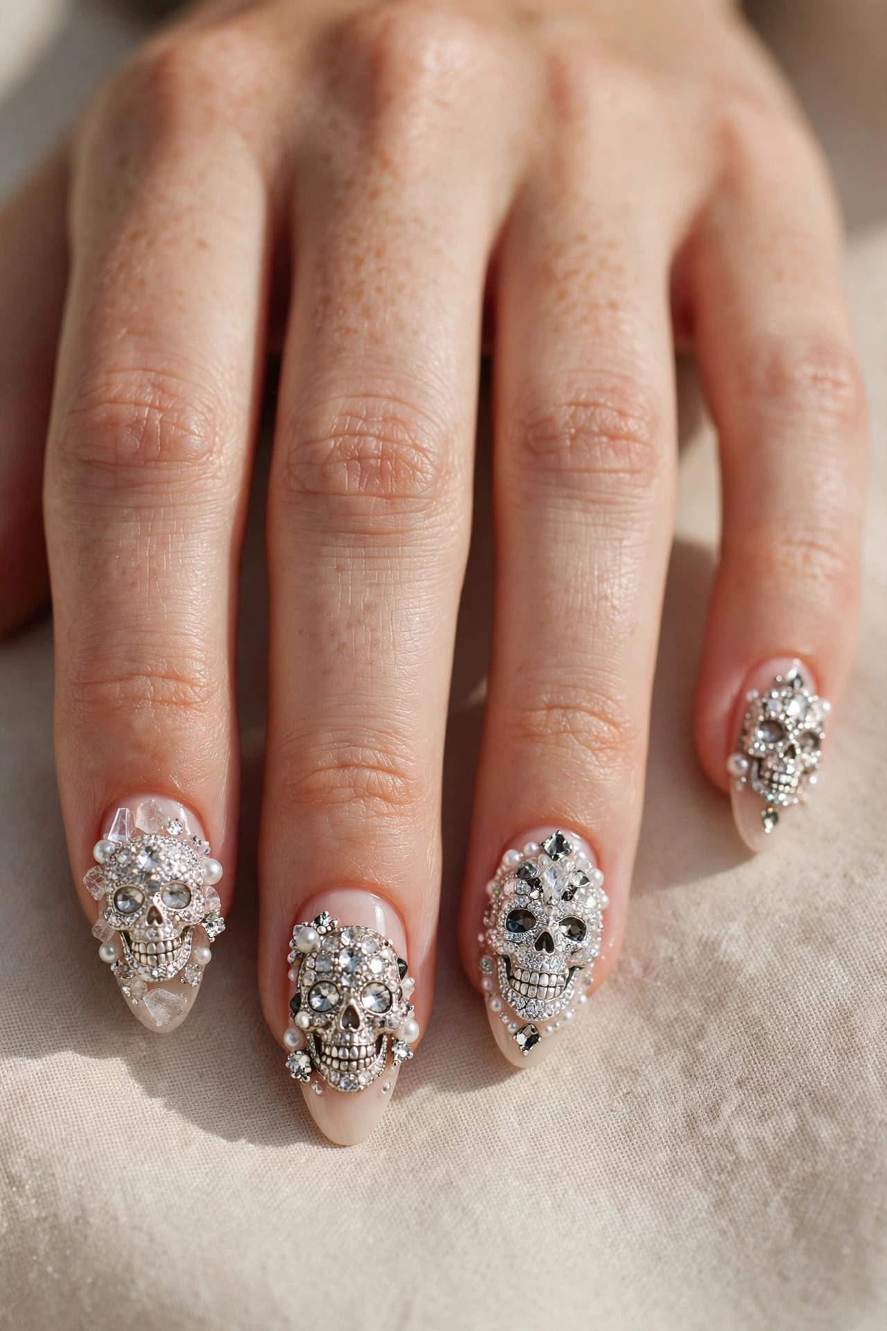 Crystal jeweled skull nail art with rhinestones and glitter