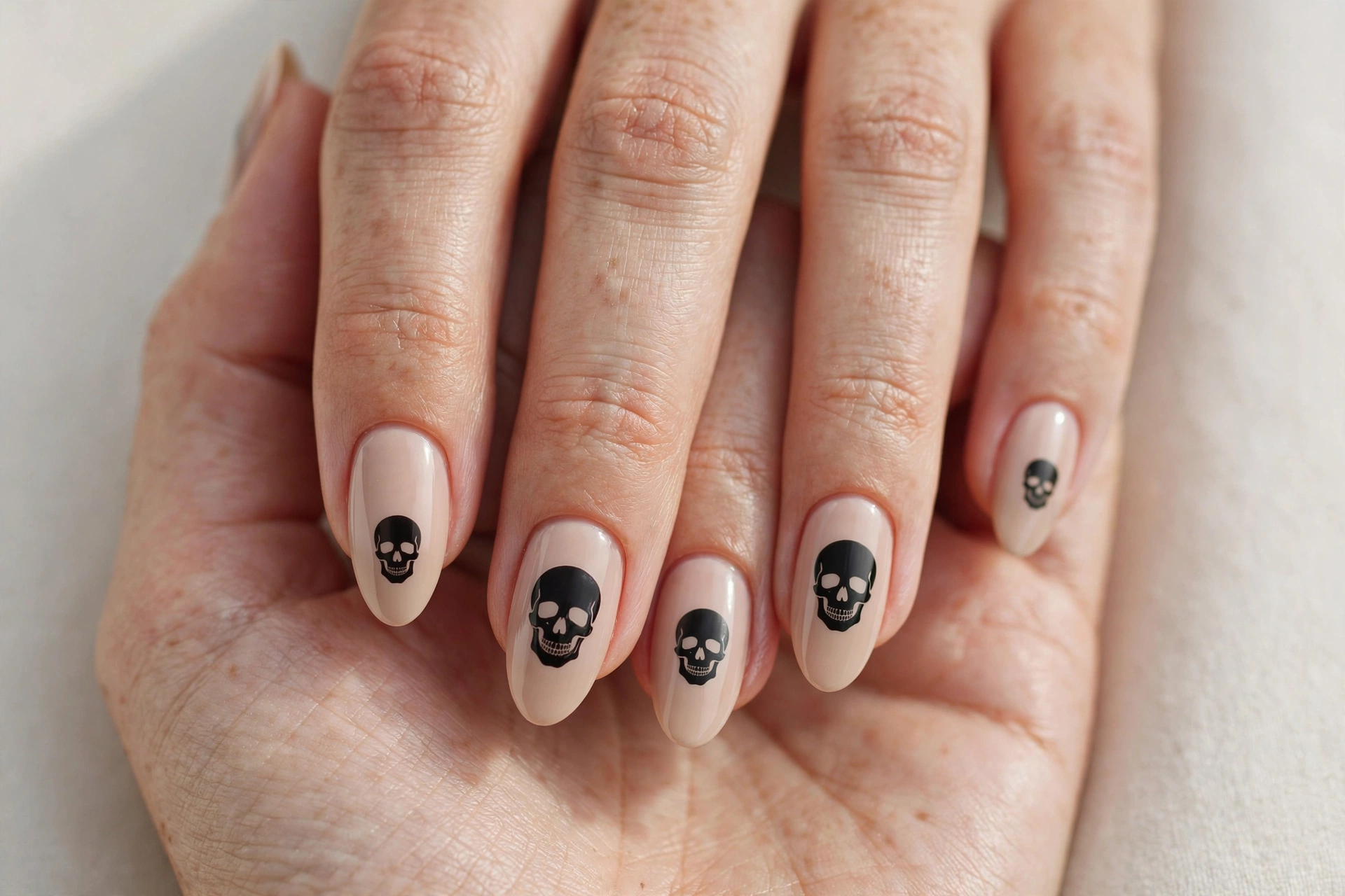 Skull silhouette nail art in solid black on grey nails
