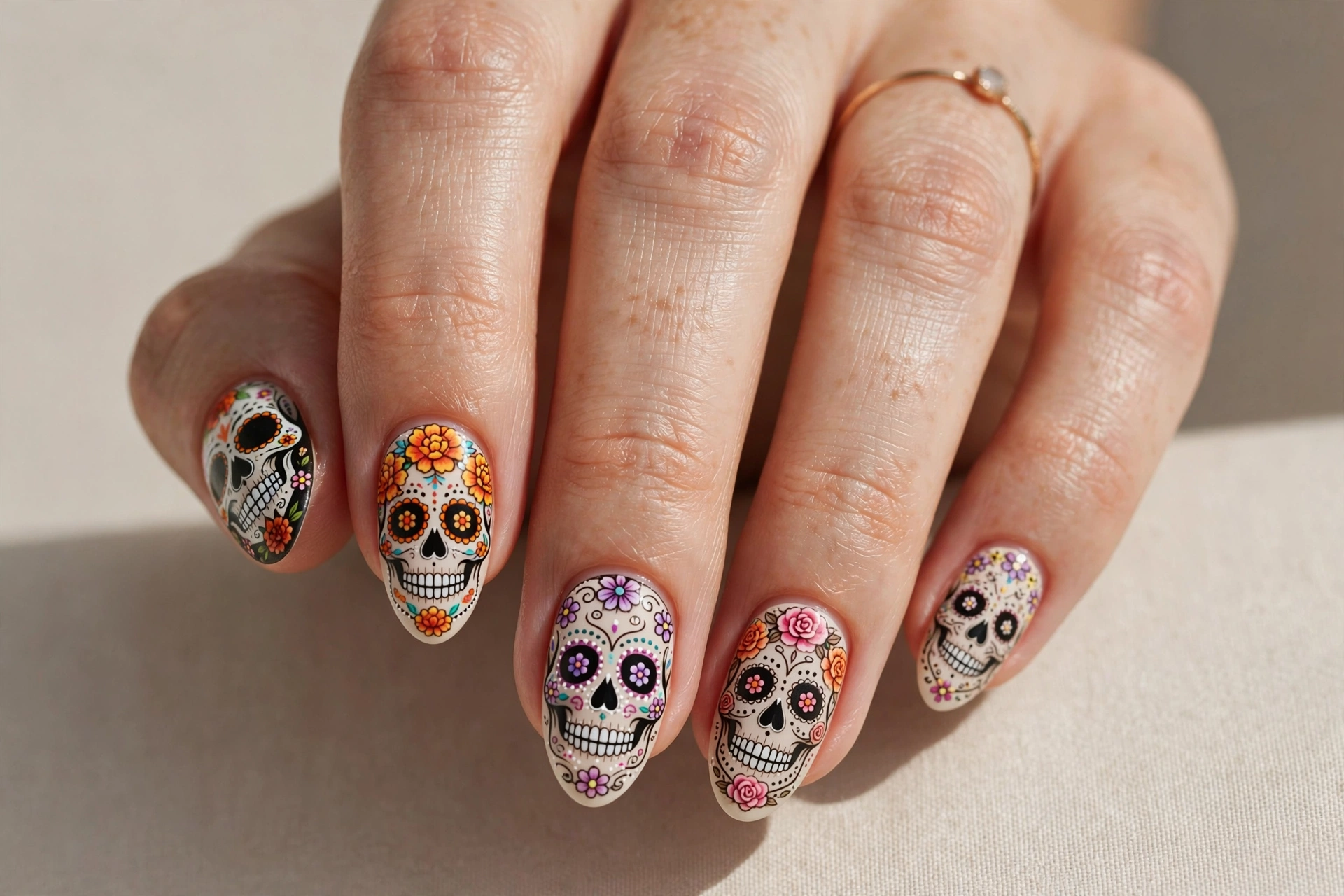 Day of the Dead skull nail art with traditional decorative patterns