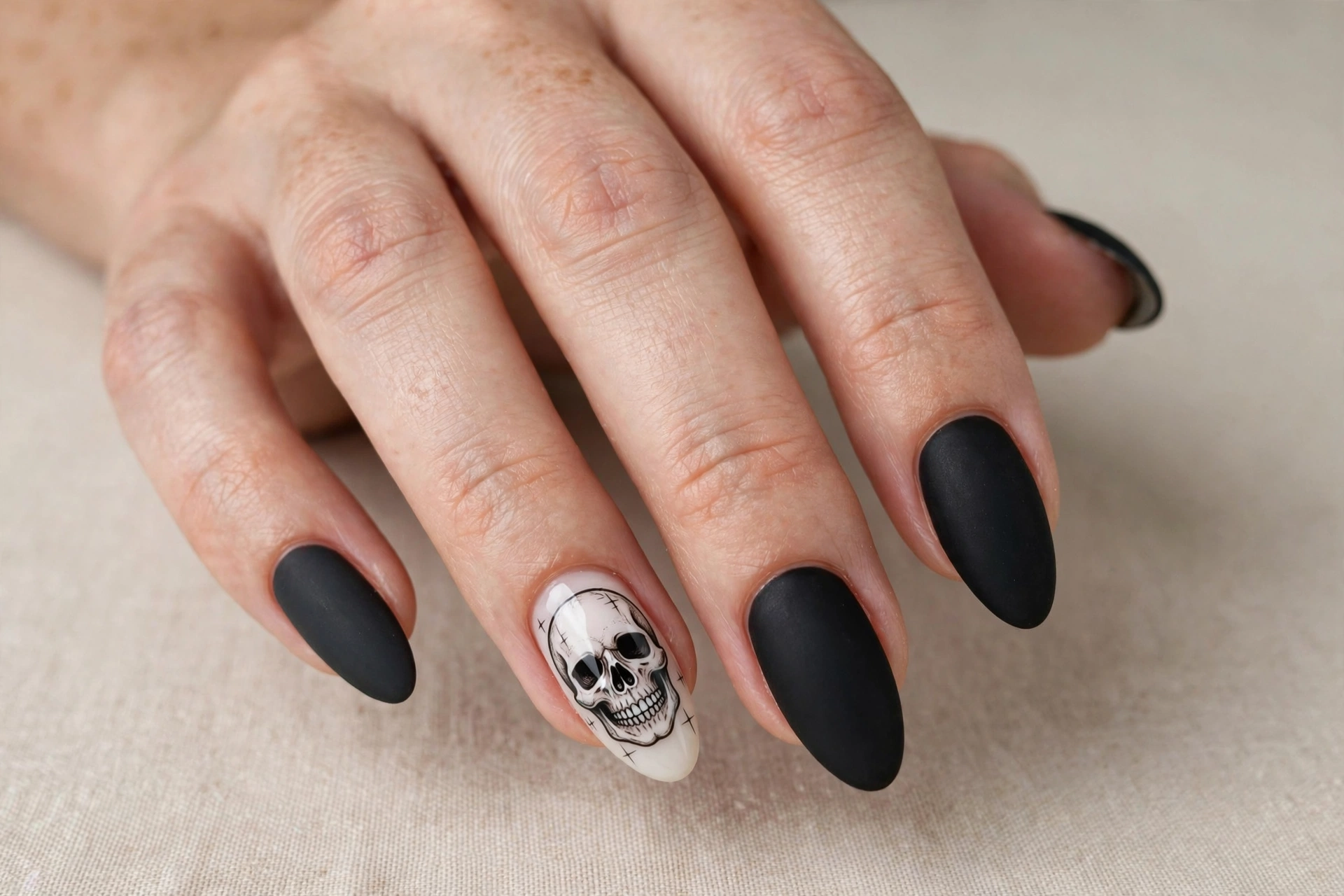 Nude manicure with single skull accent nail art