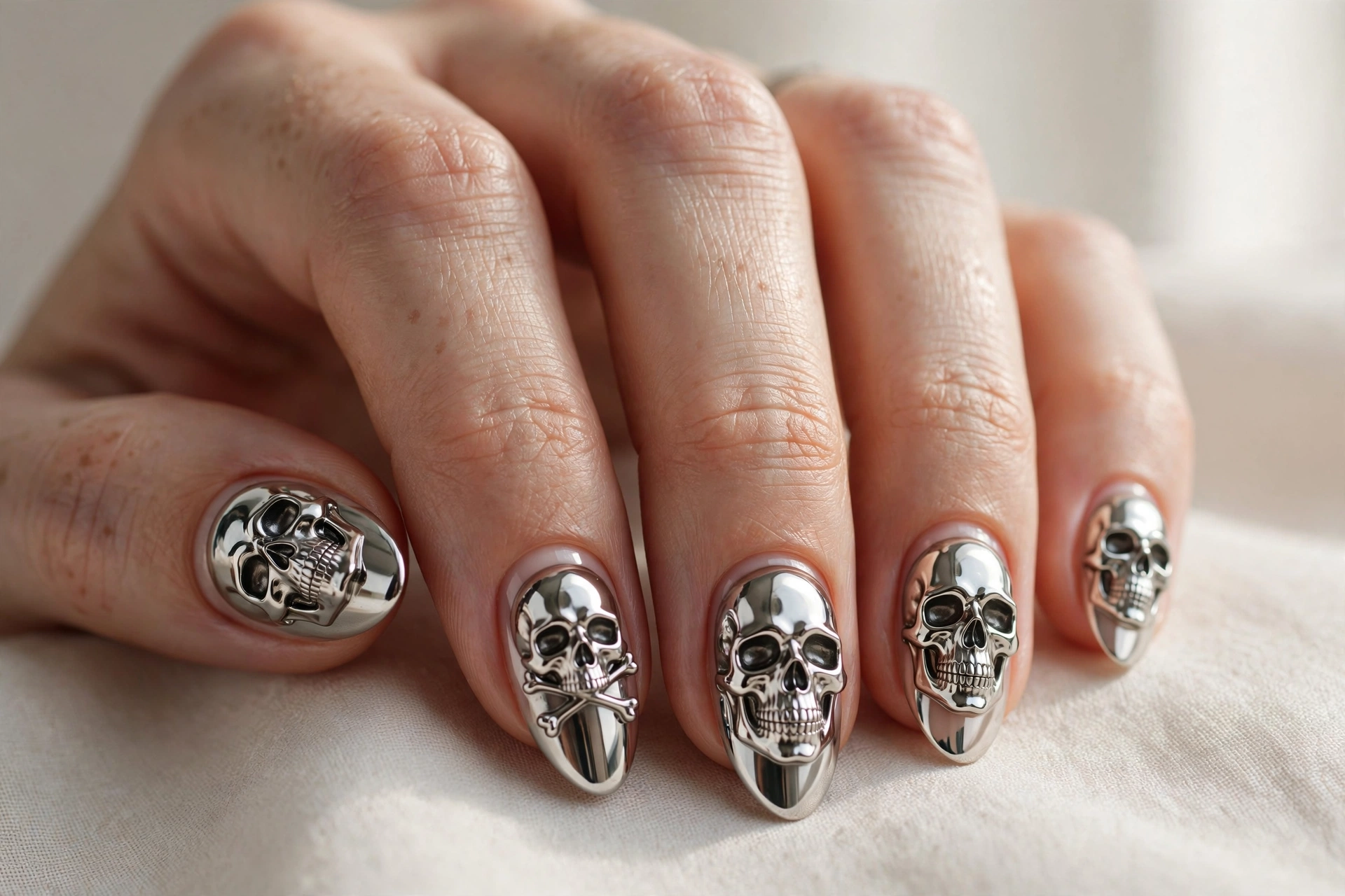 Chrome skull nail art with mirror-like metallic finish