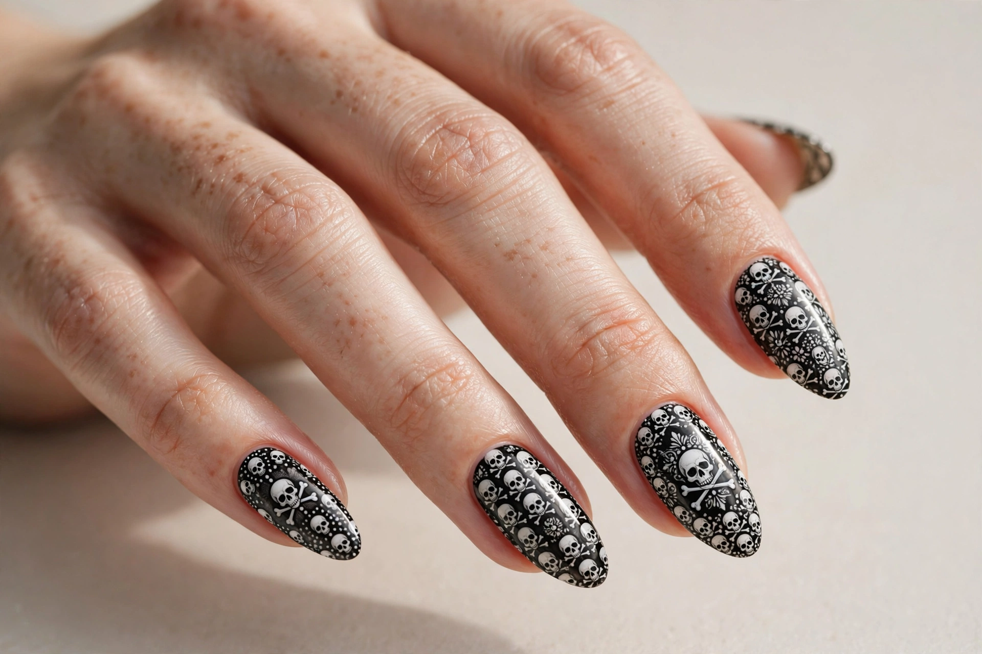 All-over repeating skull pattern nail art