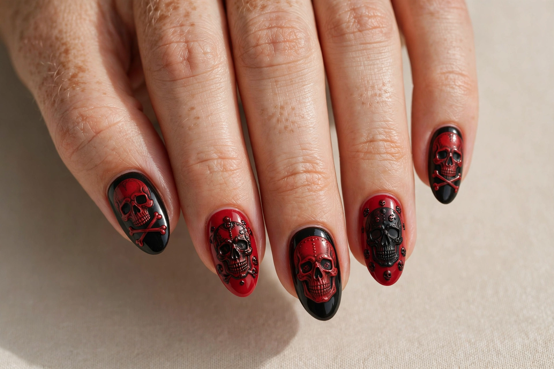 Red and black skull nail art with dramatic dark details