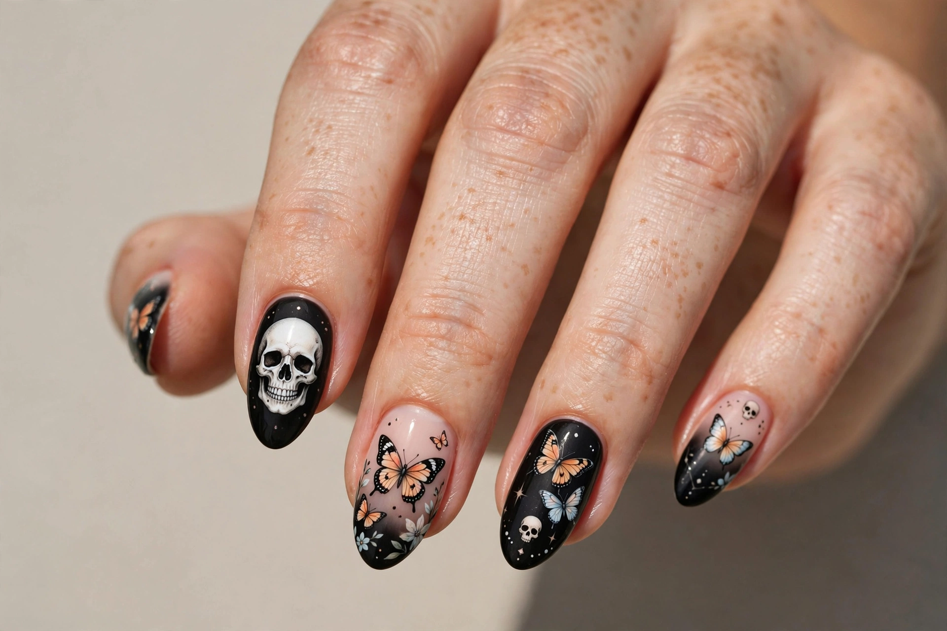 Skull nail art with colorful butterflies and floral details