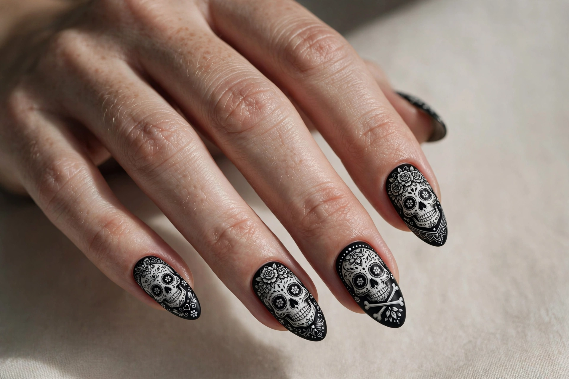 Edgy skull nail art with sugar skull details in black and white on almond nails