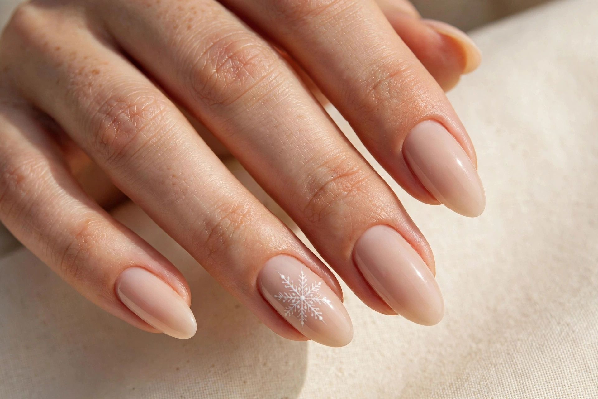 Close-up of nude almond nails with a delicate white snowflake accent on the ring fingers