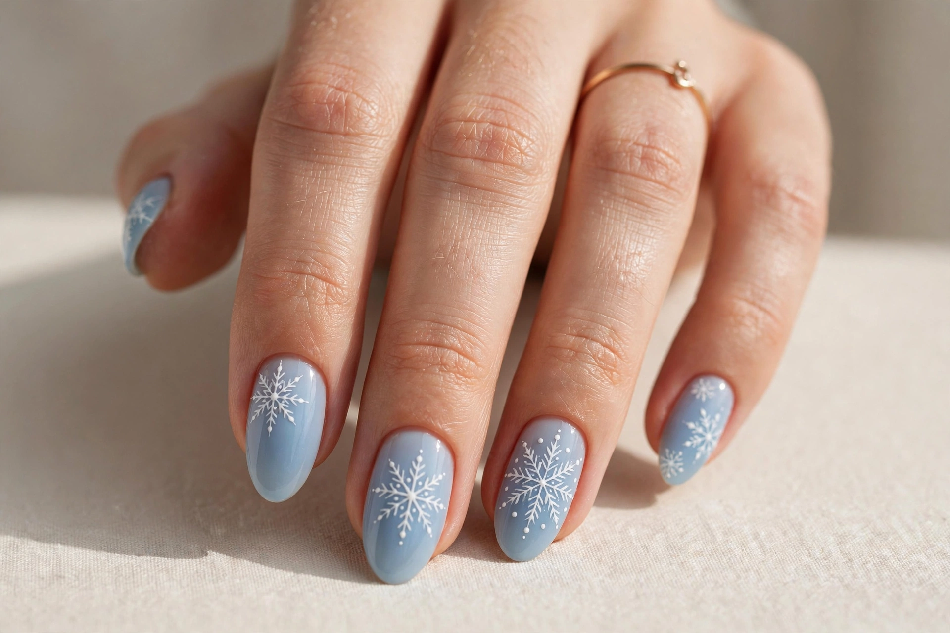 Almond nails with white snowflake nail art on an icy blue base