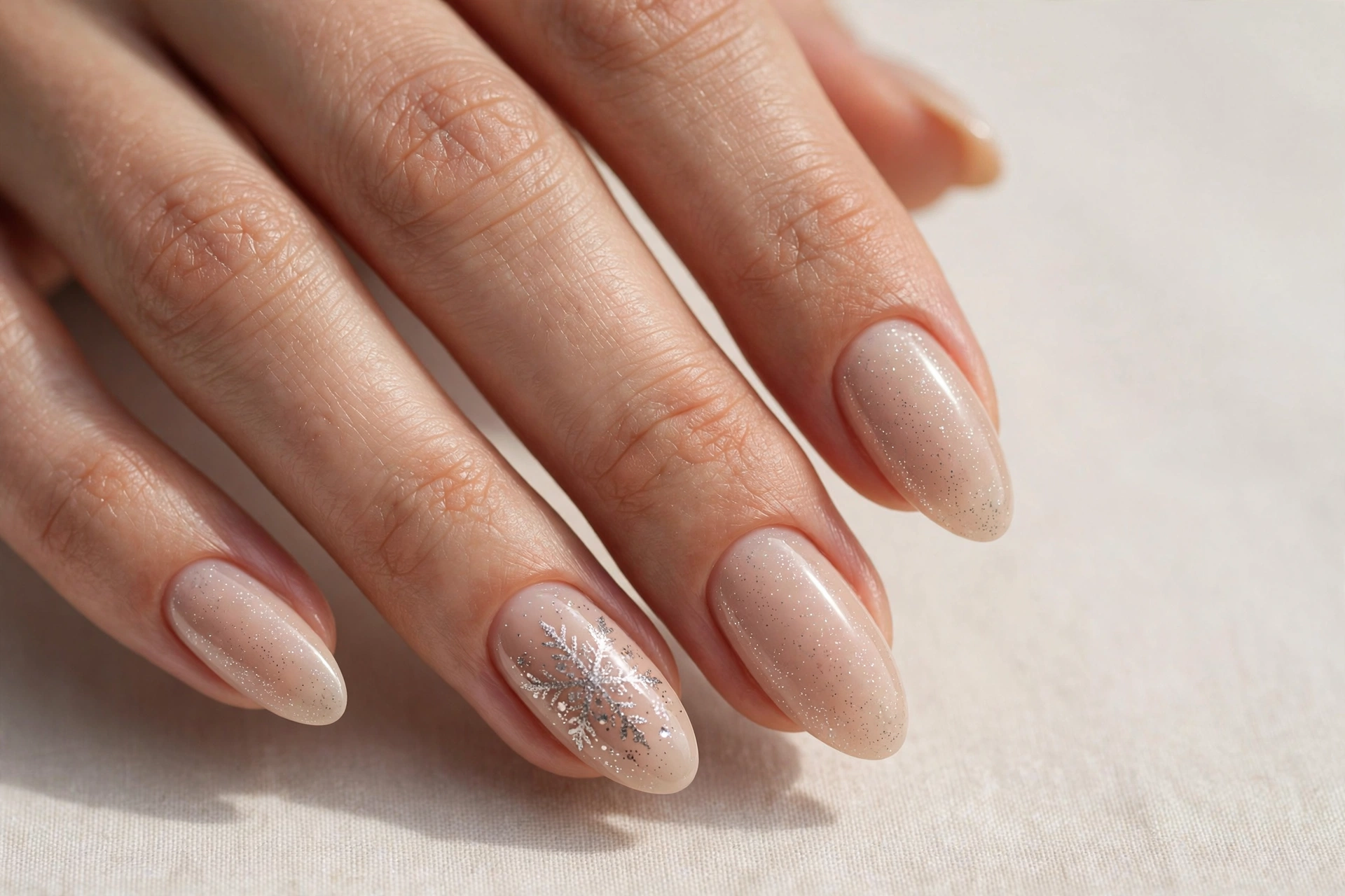 Silver glitter snowflake accent nails on a nude base manicure