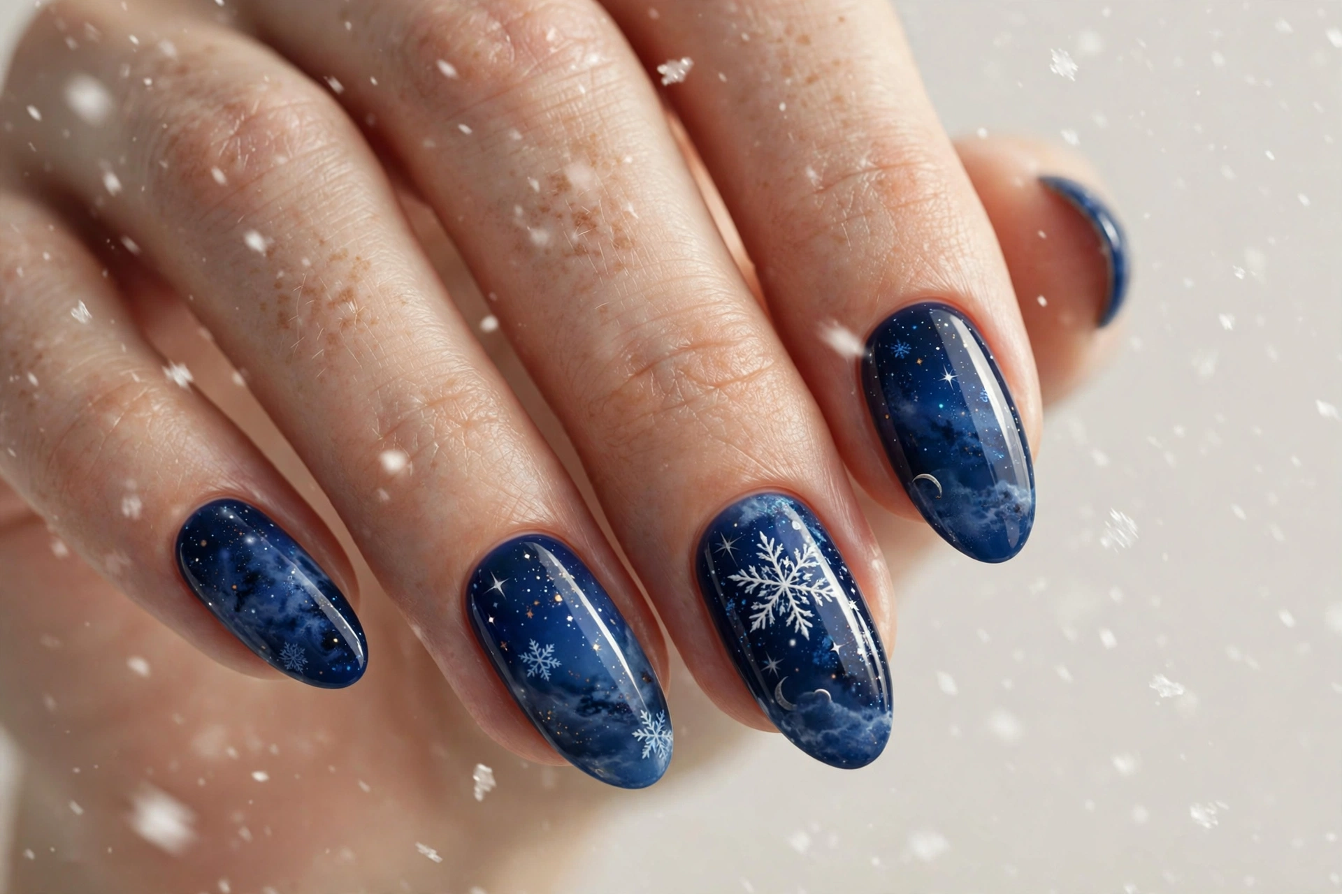 White snowflake designs on a deep navy blue base manicure