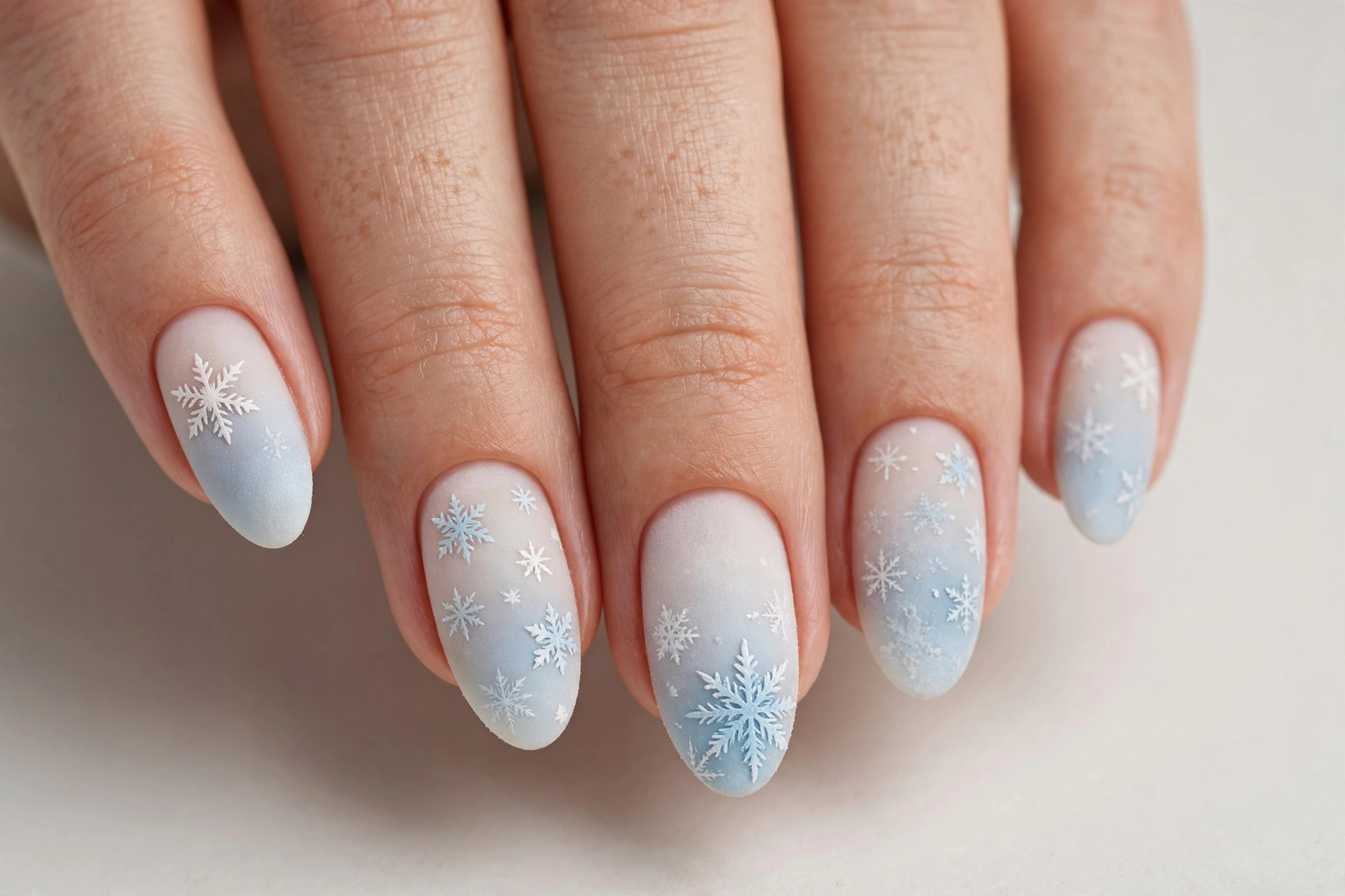 Frosted ombré snowflake manicure fading from white to pale blue