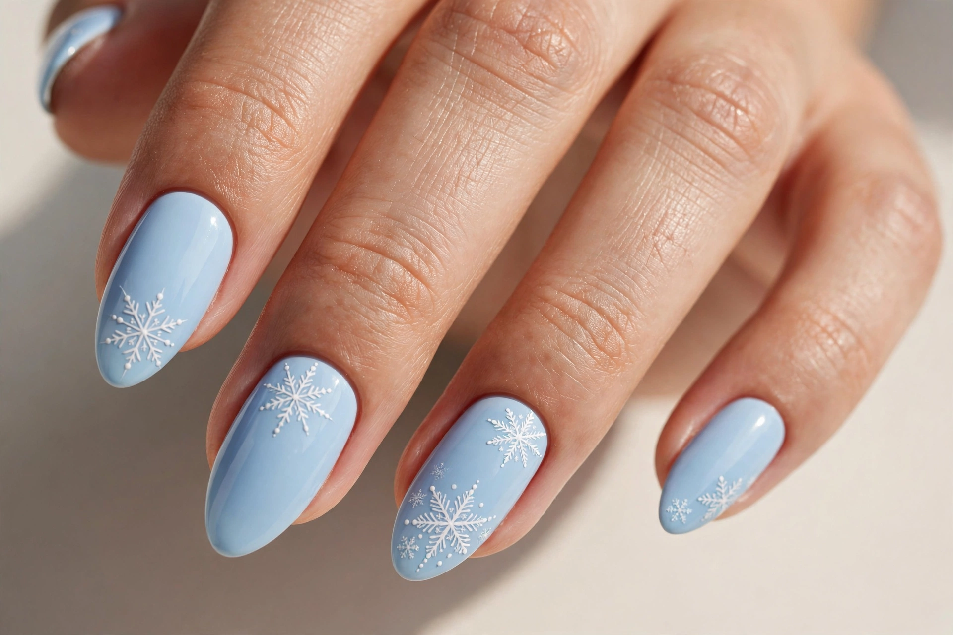 White chrome snowflakes on a pale blue base manicure