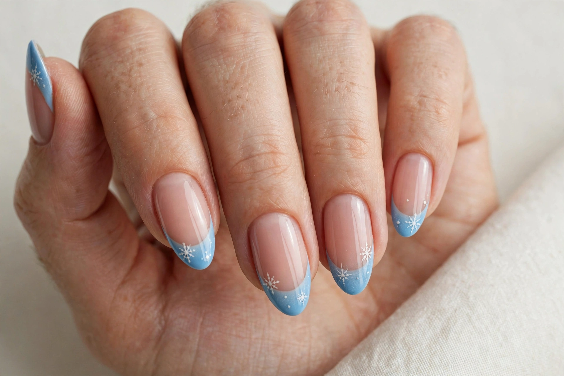 Icy blue French tips with tiny white snowflake details