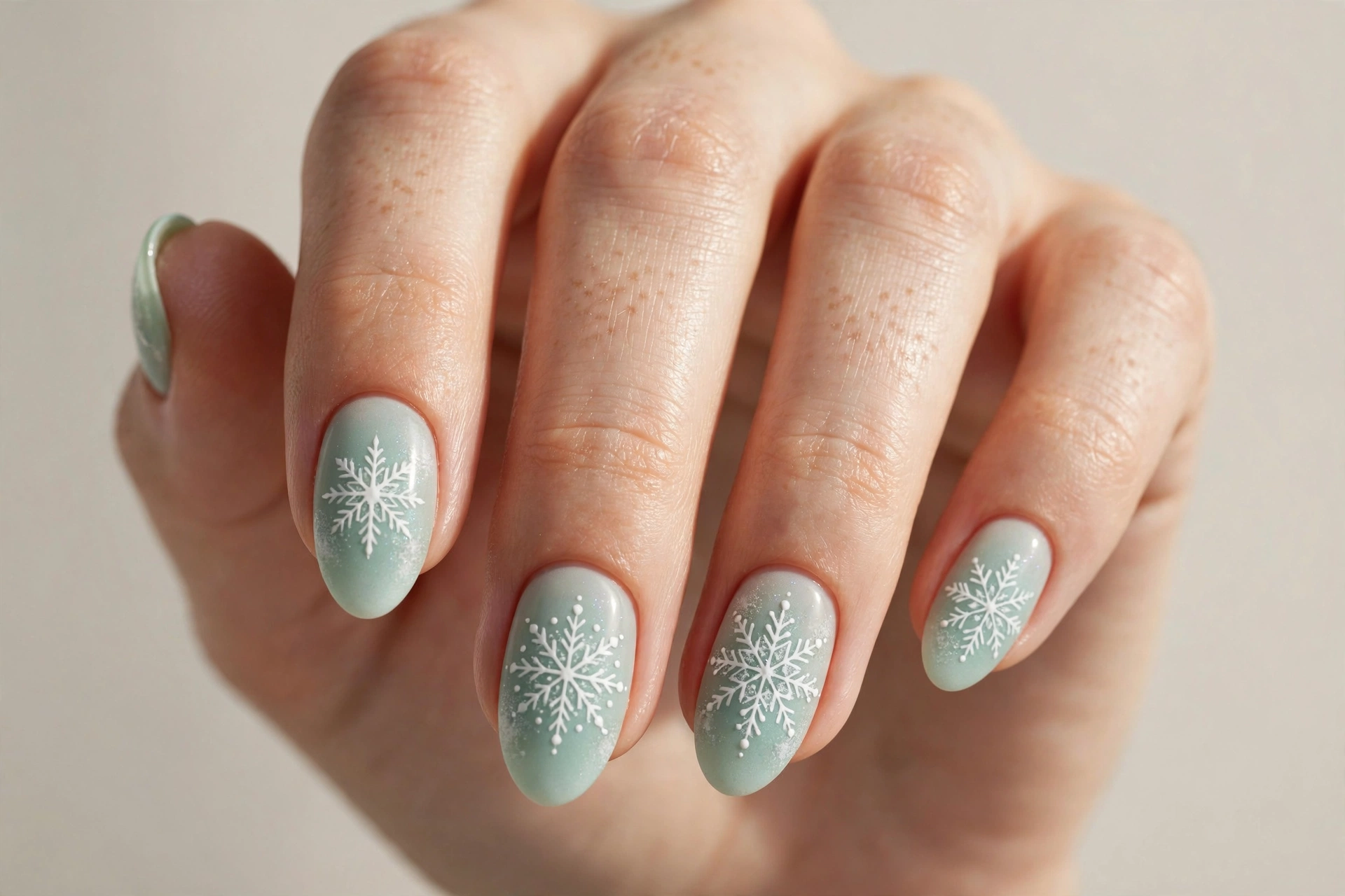 White snowflake art on a frosty mint green base manicure
