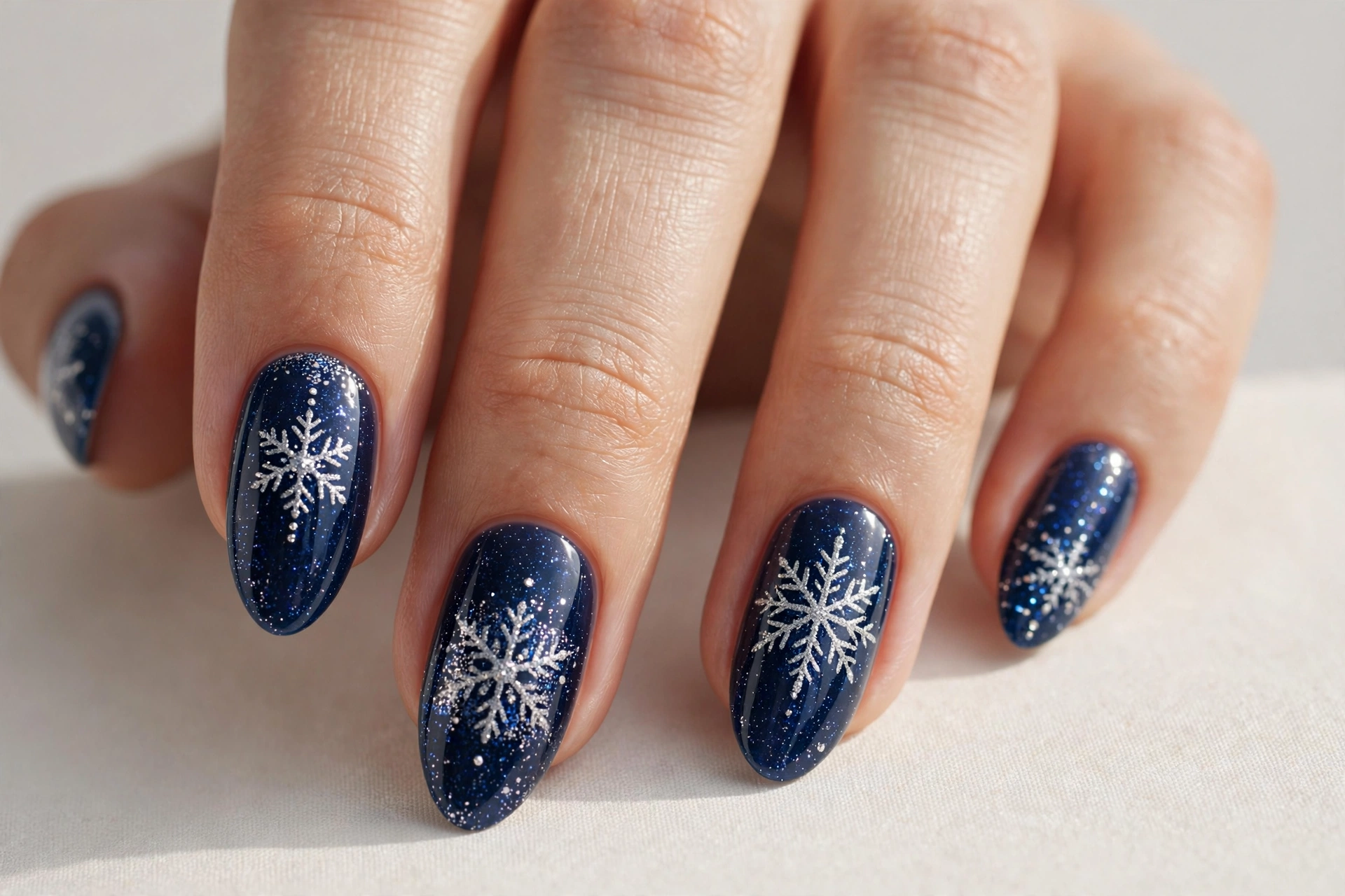 Deep blue winter night sky manicure with falling white snowflakes