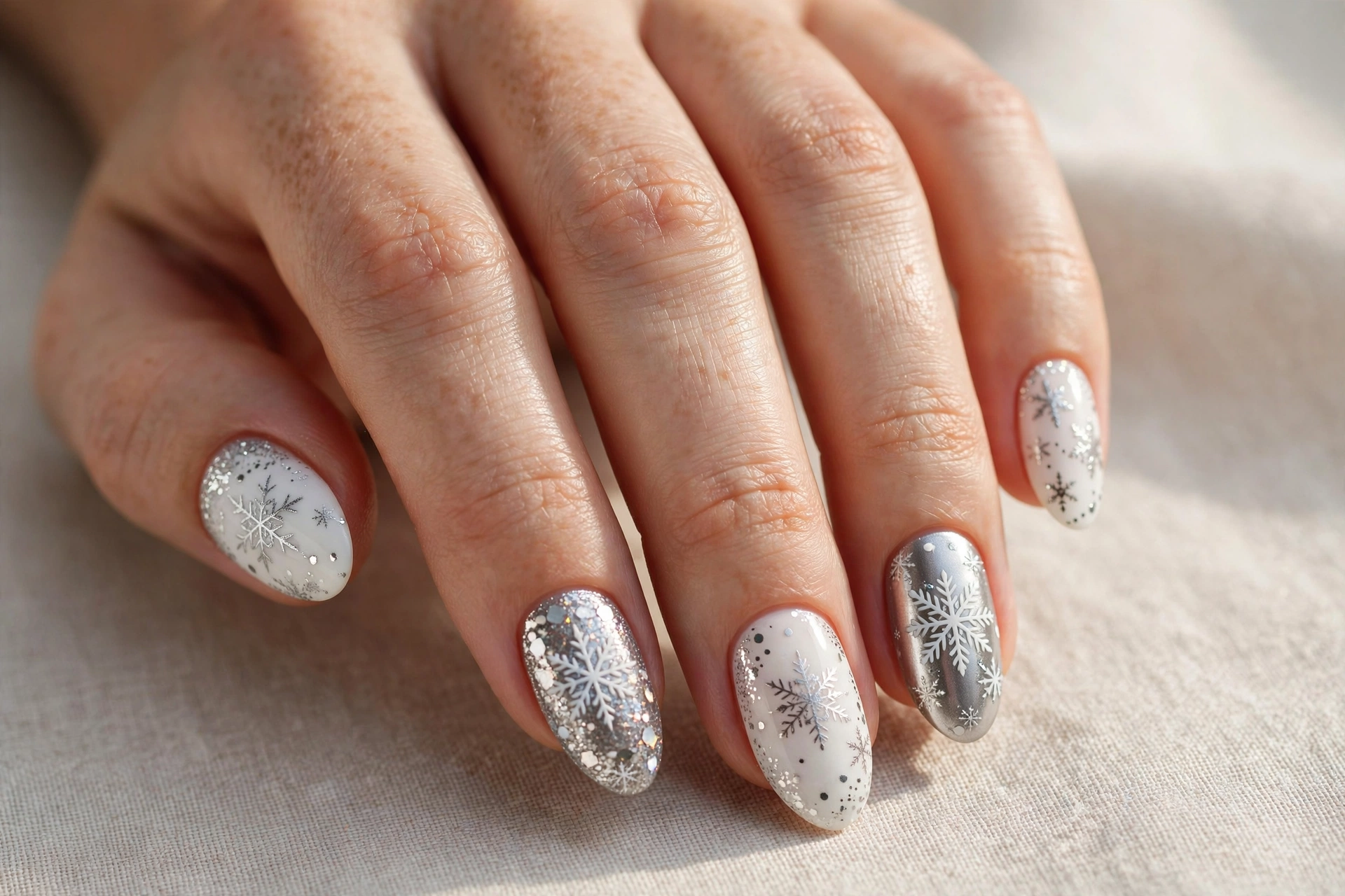 Mix-and-match white and silver snowflake nail art manicure