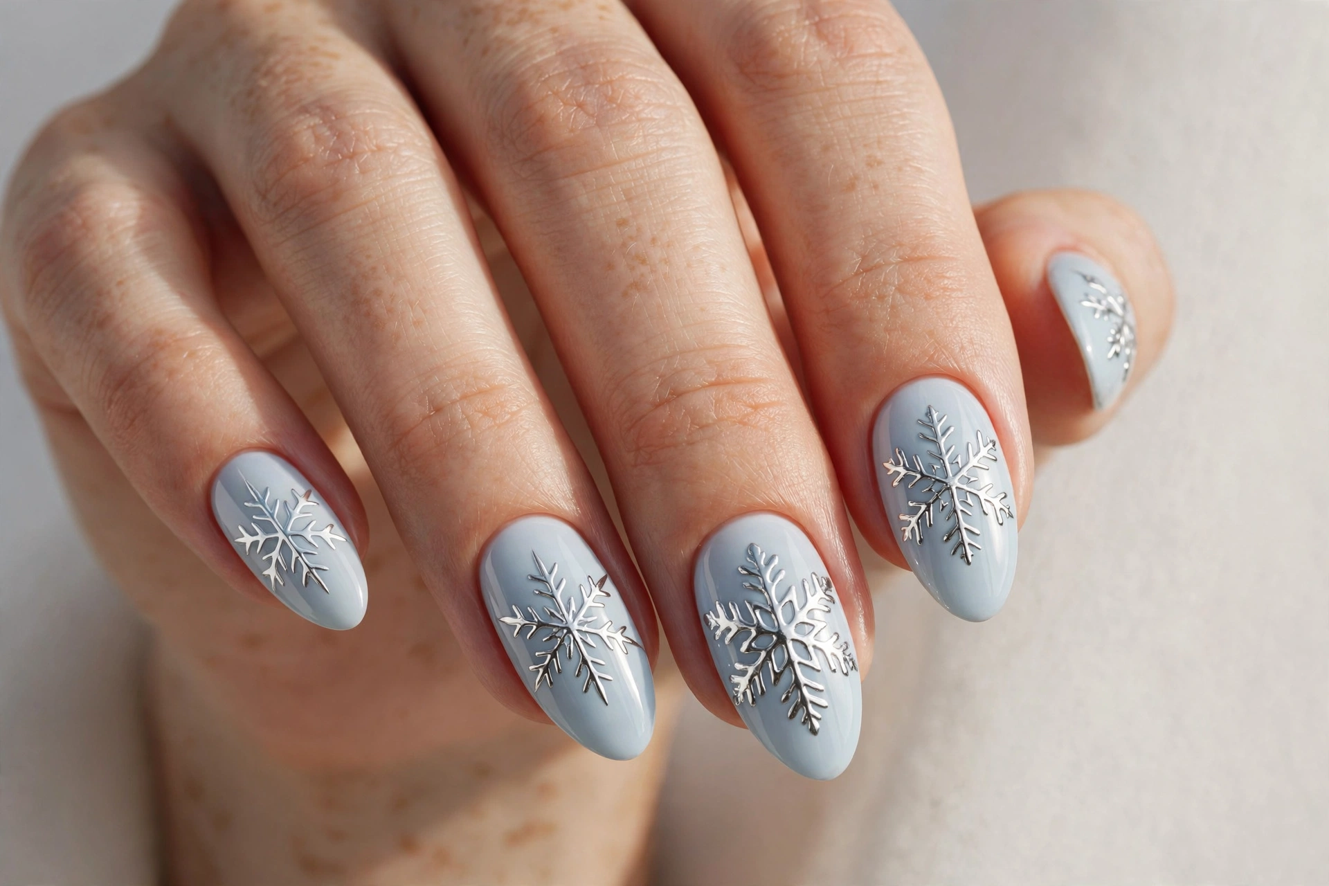 Baby blue nails with delicate white snowflake decals