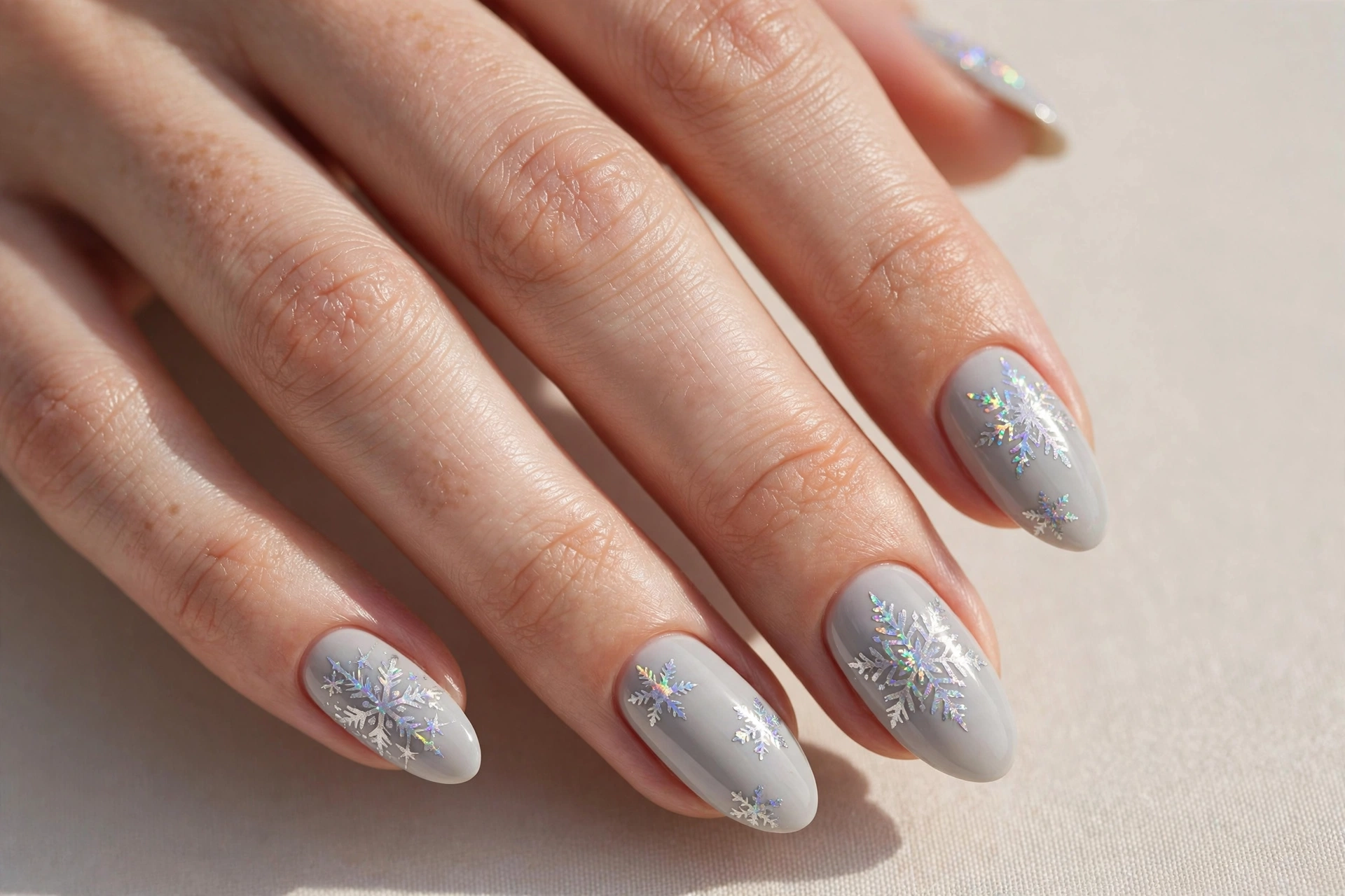 Silver holographic snowflakes on a pale gray base manicure