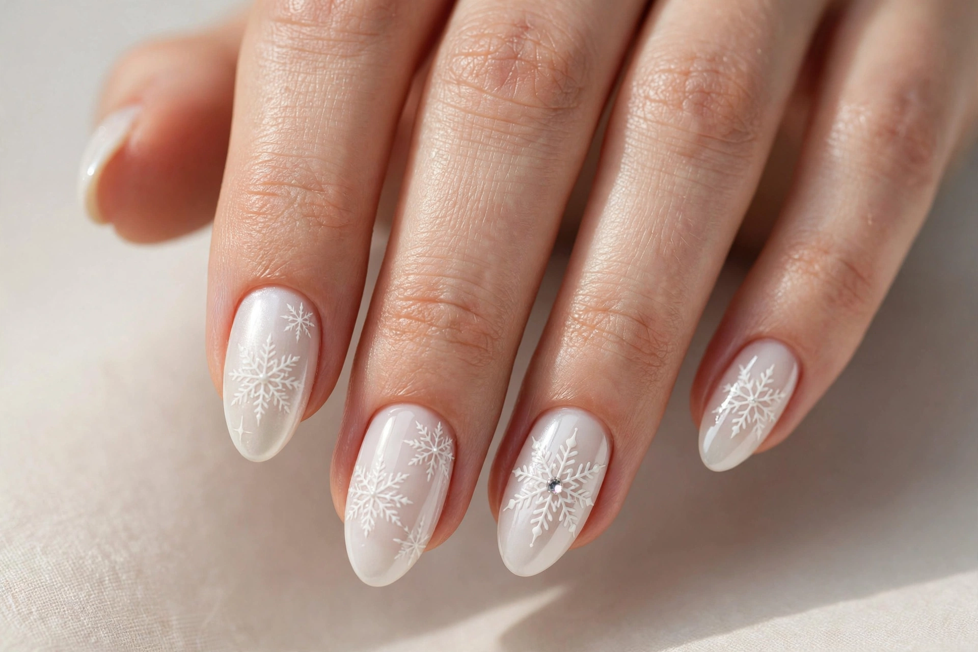 White snowflake stamping on a sheer milky white base manicure