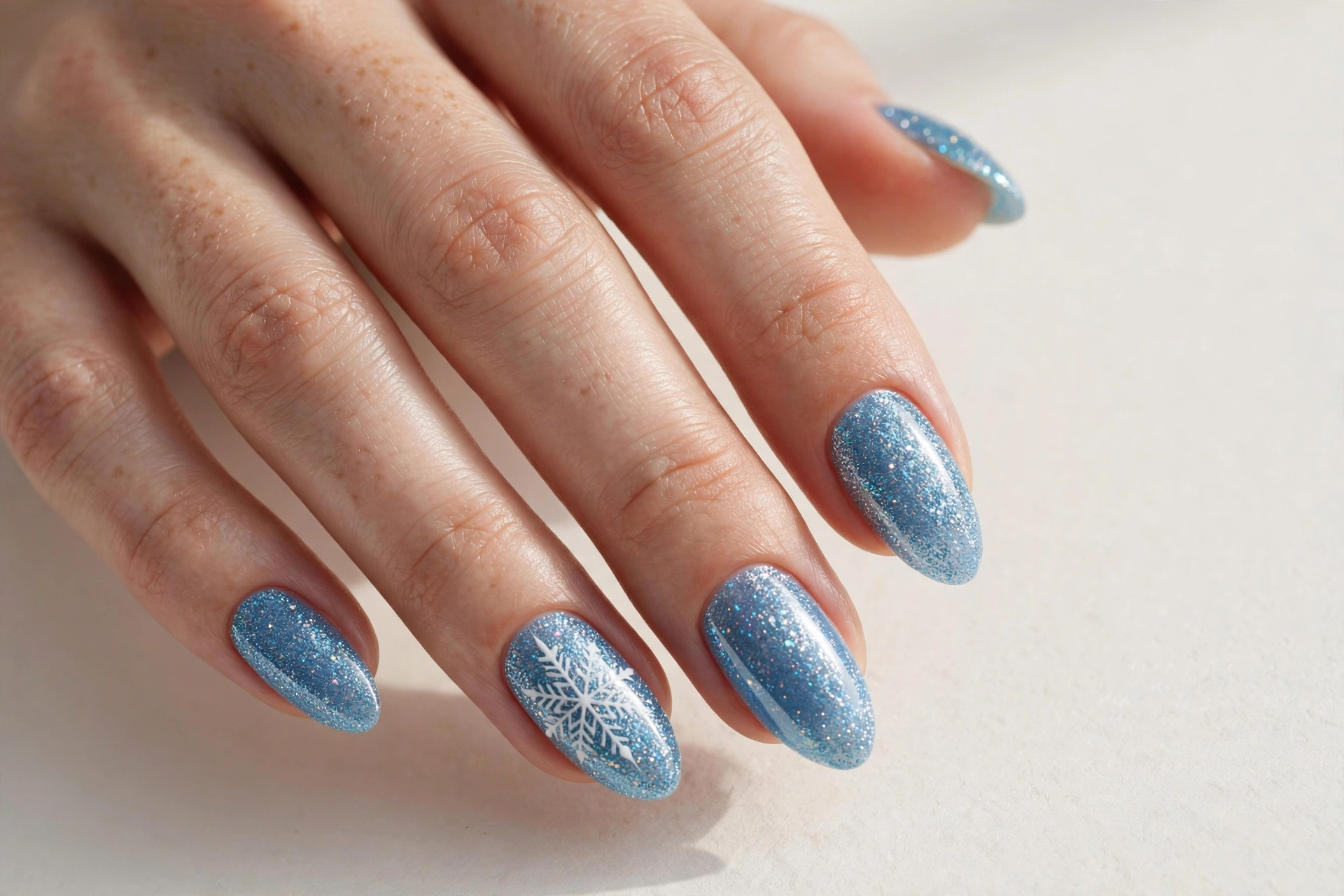 Glittery ice-blue nails with white snowflake accent art