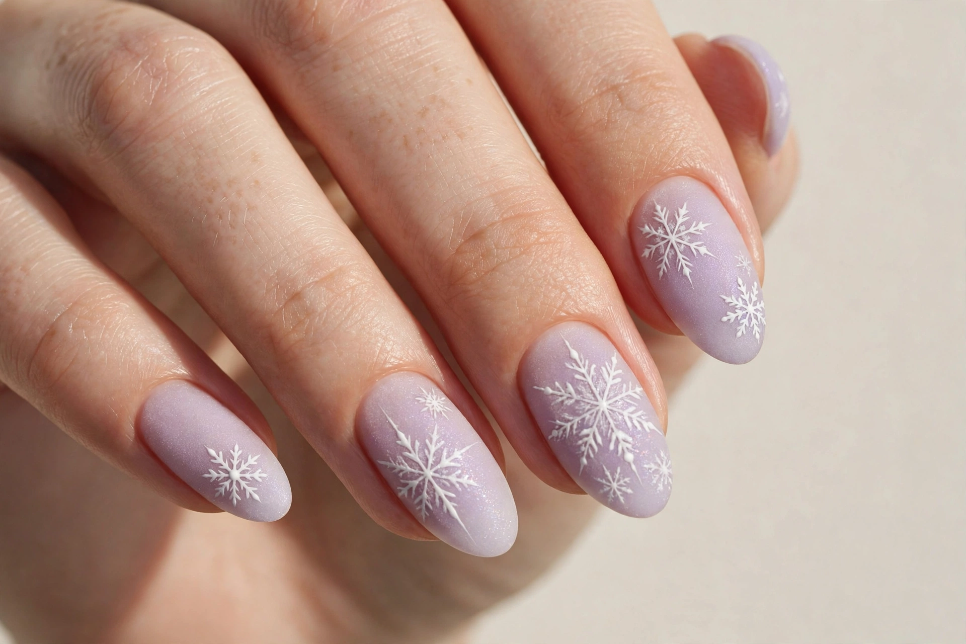 White snowflakes on a frosted lilac base manicure
