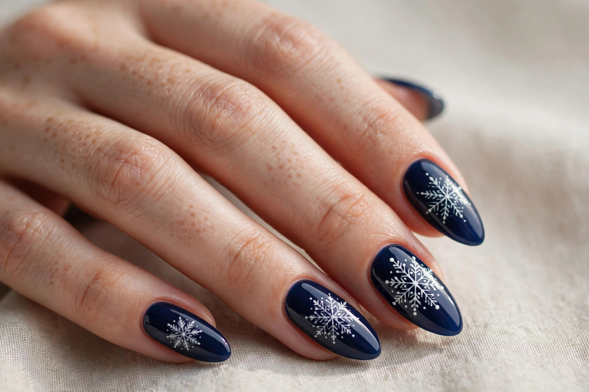 Midnight blue nails with silver glitter snowflake art