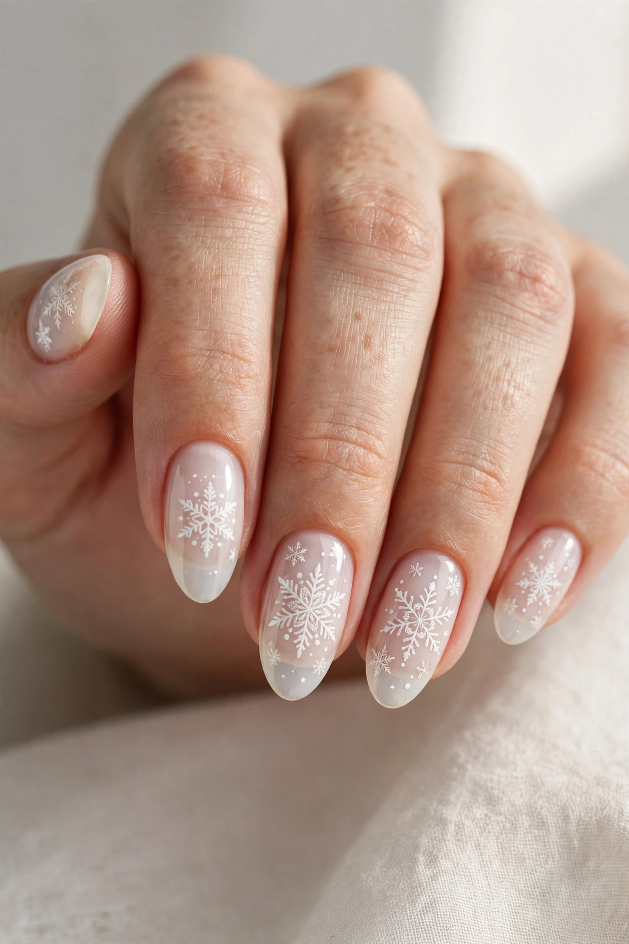Pearl white snowflake nail art with delicate crystal-like detail