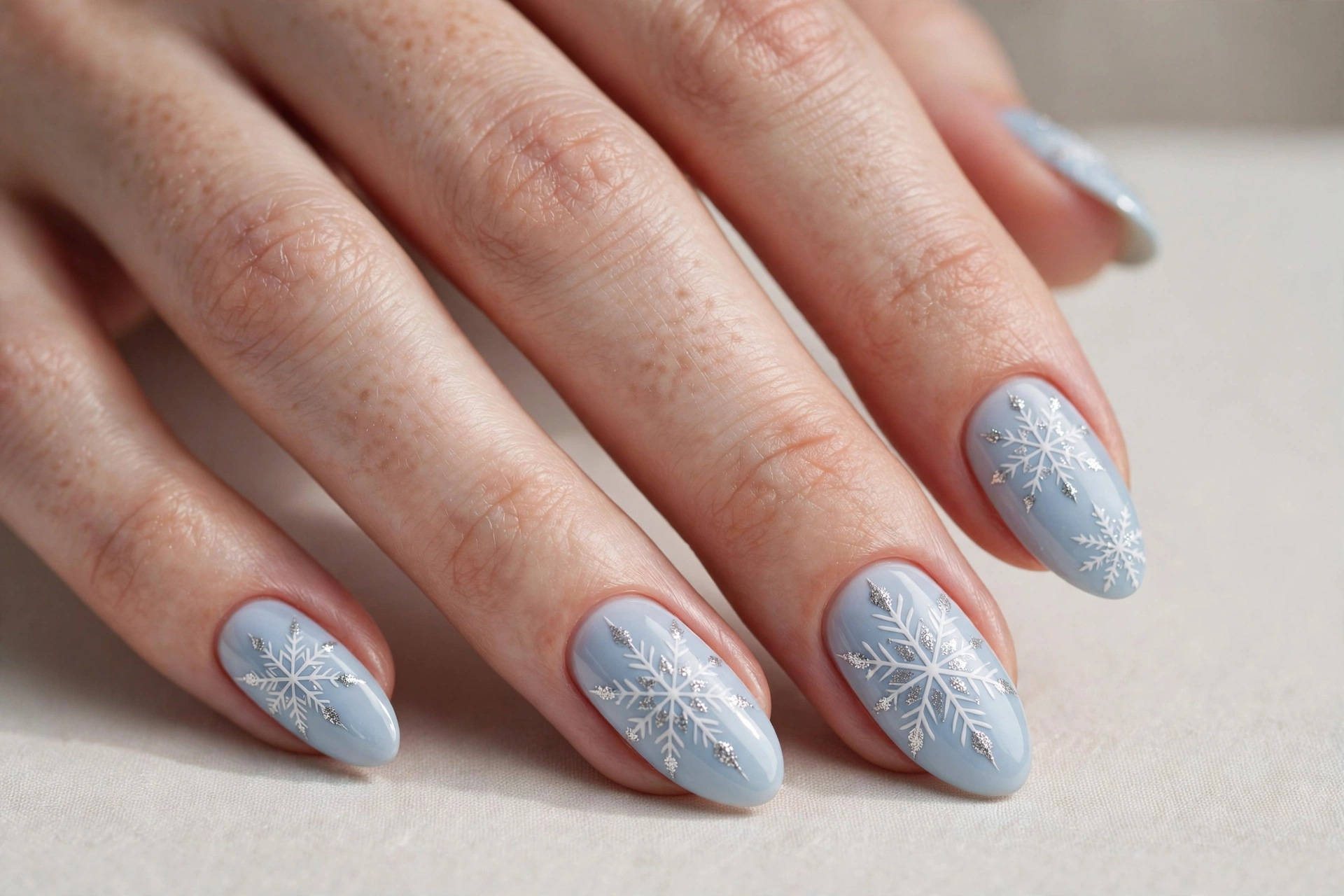 White snowflakes with silver tips on a pale blue base manicure