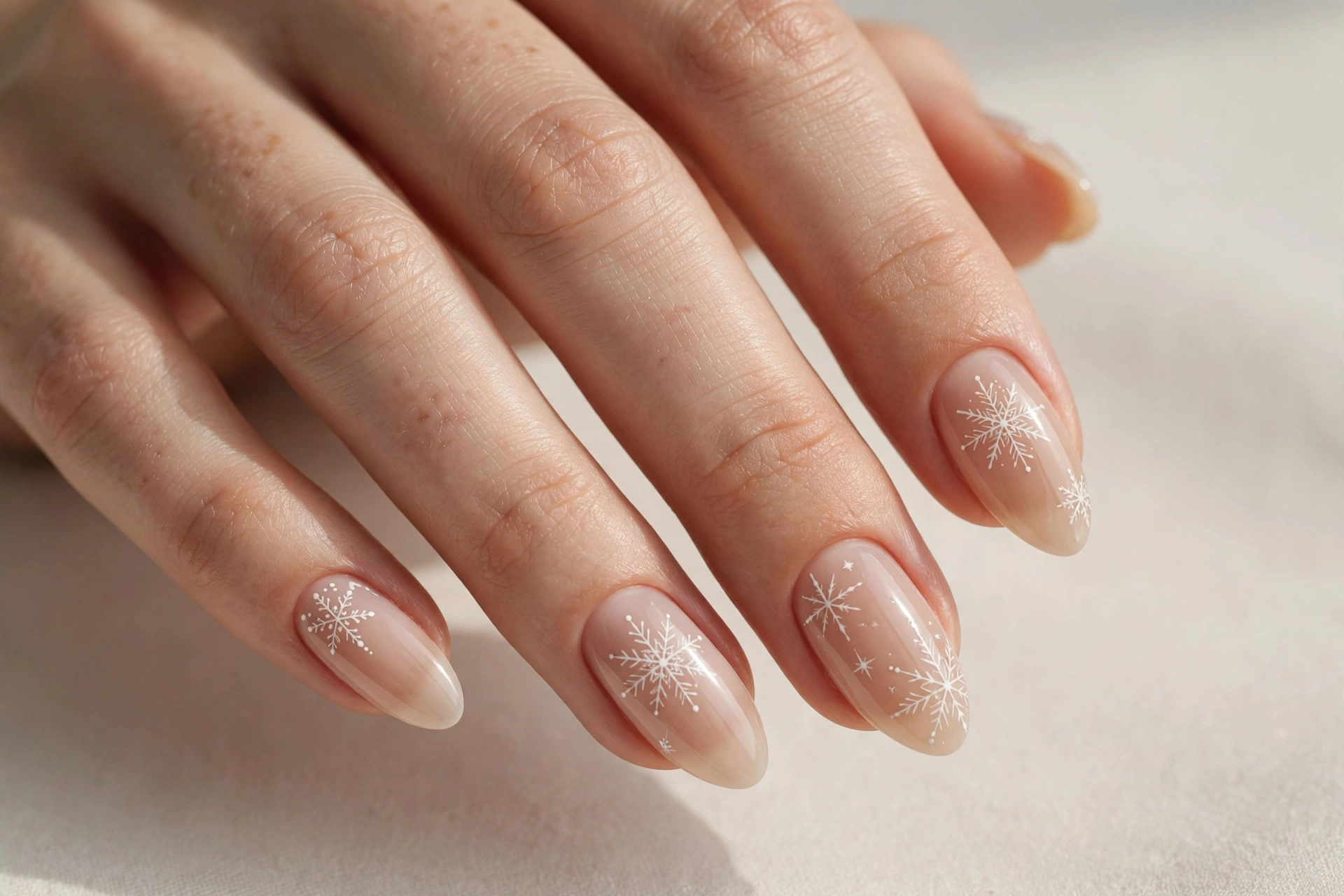 Delicate white snowflake line art on a sheer nude base manicure