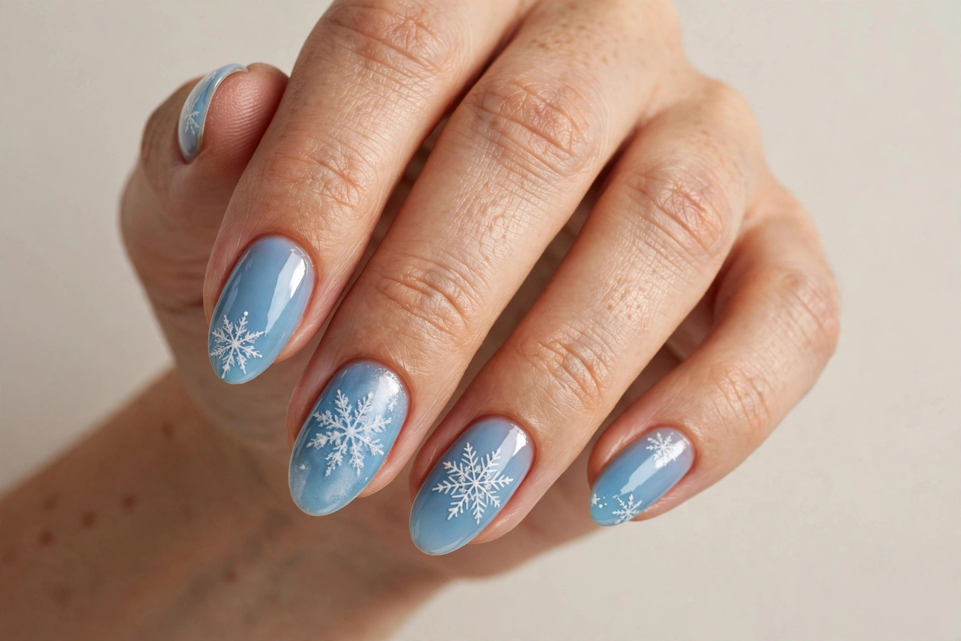 Icy blue almond nails with delicate white snowflake nail art