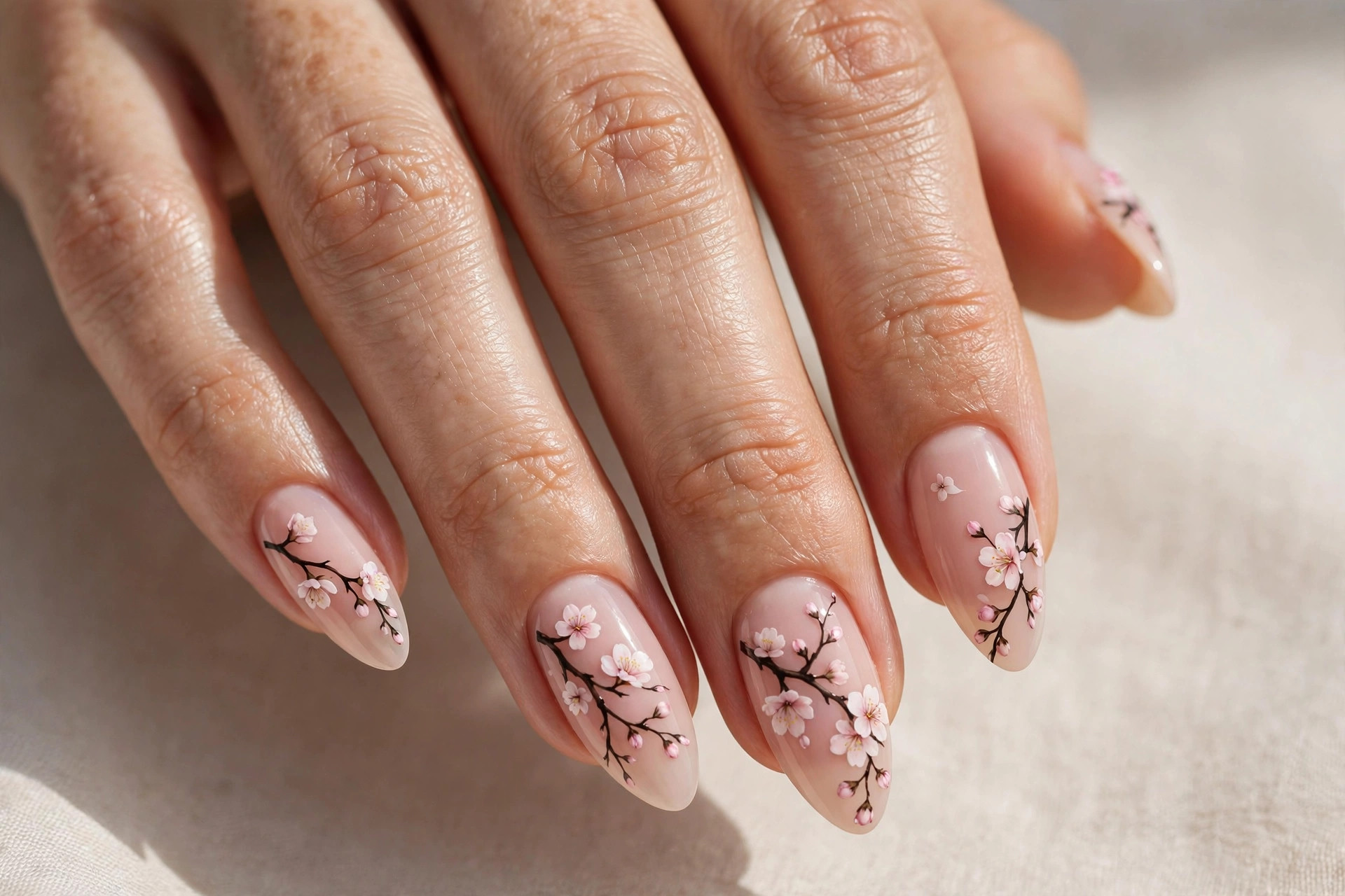 Cherry blossom branch nail art with delicate pink petals on a nude almond manicure