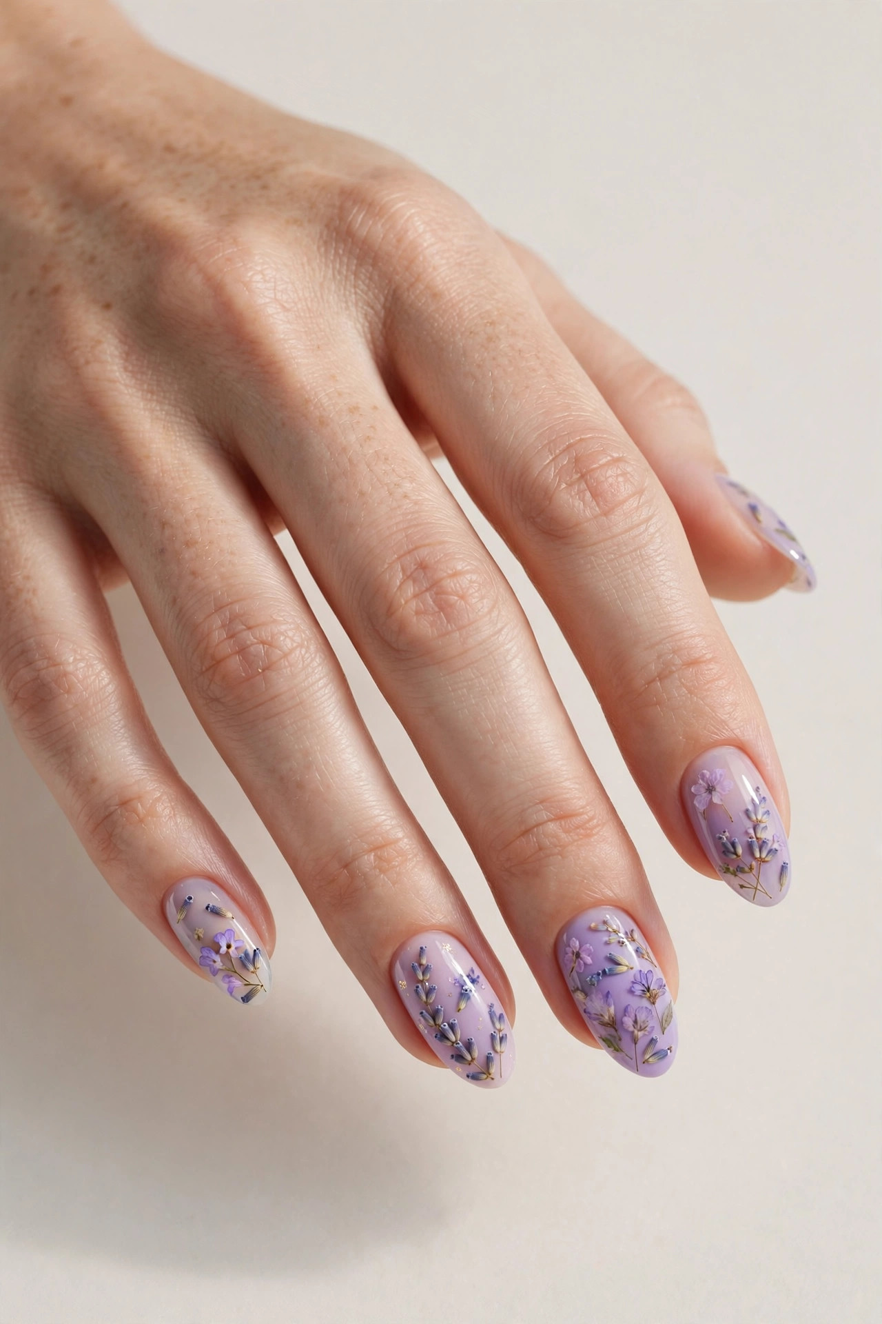 Lavender flower nail art in soft purple tones on almond shaped nails