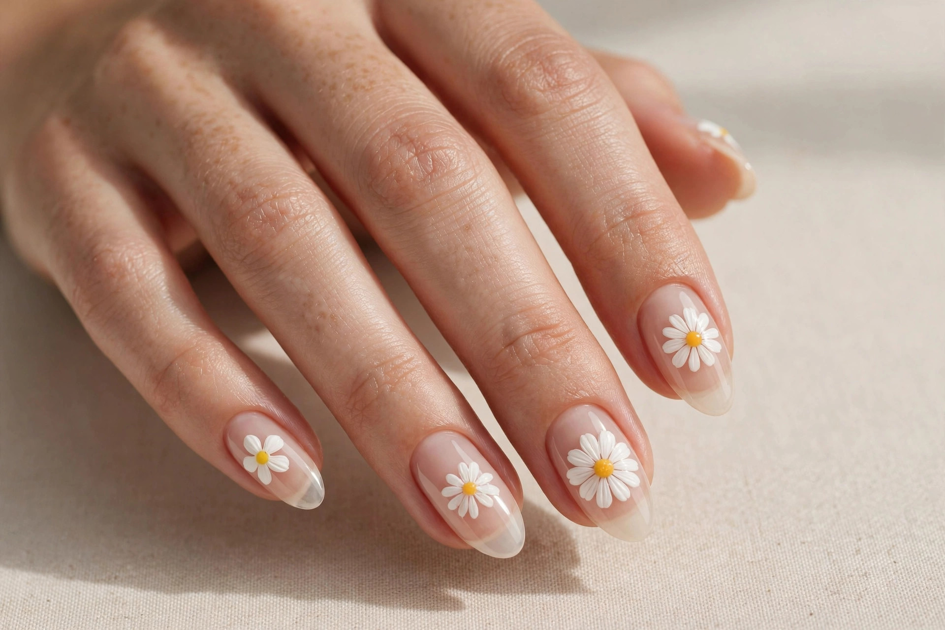 White daisy flower nail art with yellow centers on nude nails