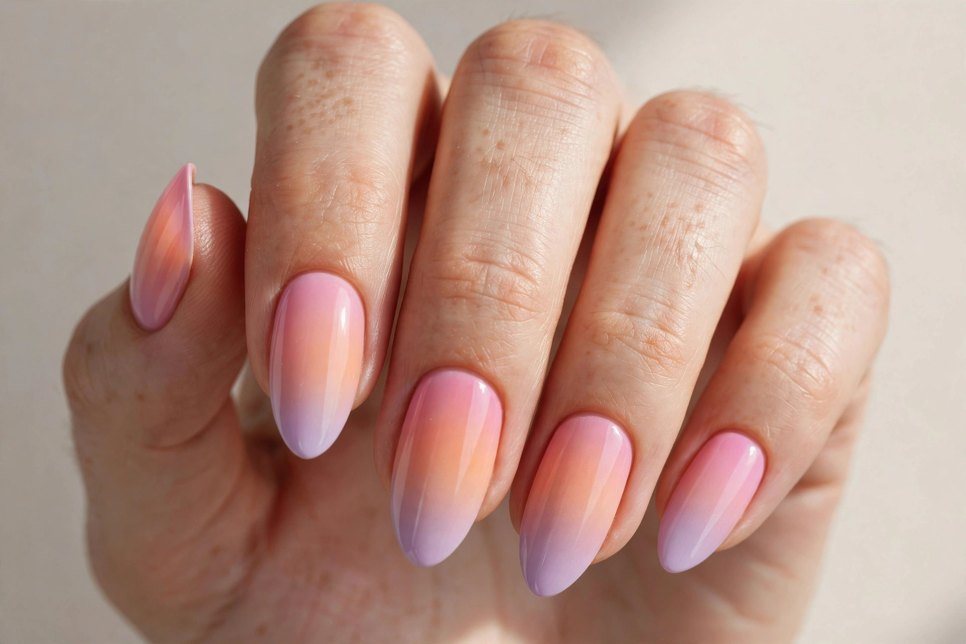 Pastel ombre gradient nails blending pink peach and lavender