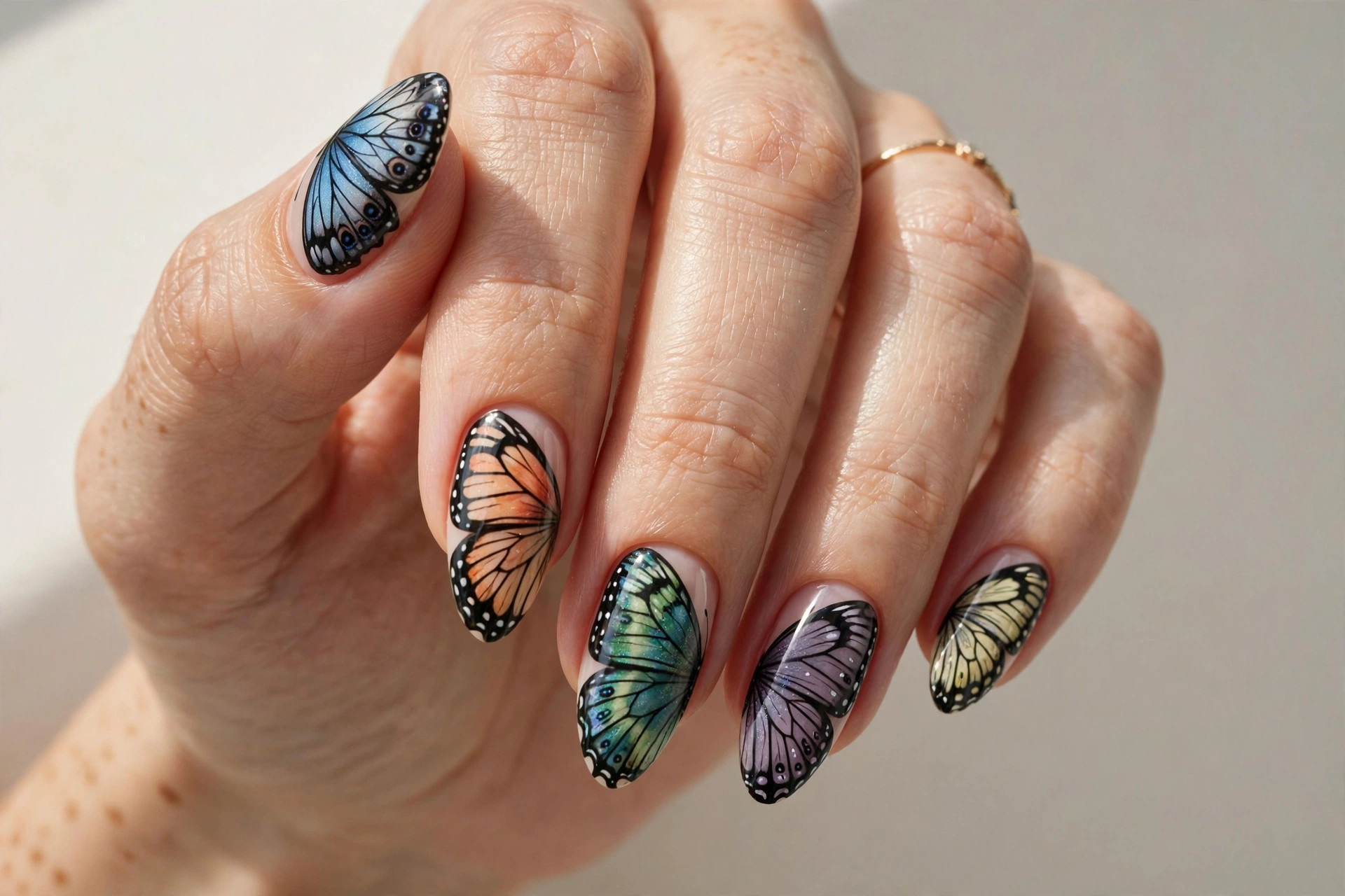 Butterfly wing nail art in pastel colors with delicate line detail