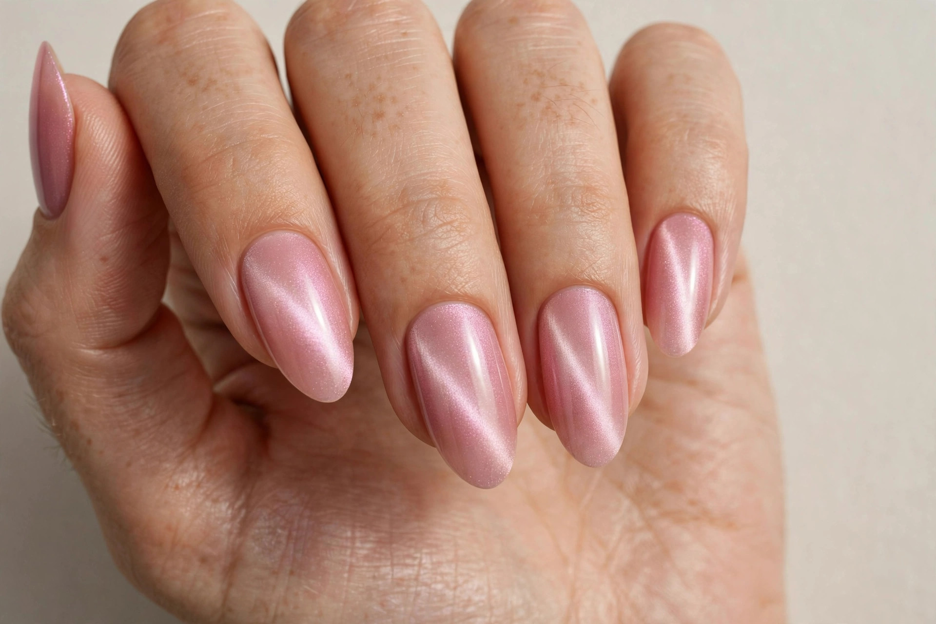 Soft pink cat eye magnetic shimmer manicure on almond nails