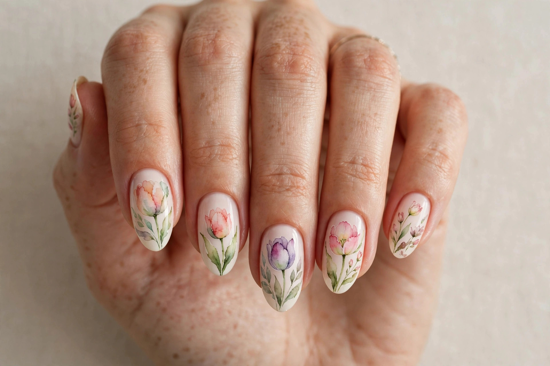 Tulip watercolor nail art with soft painted petals on a nude base